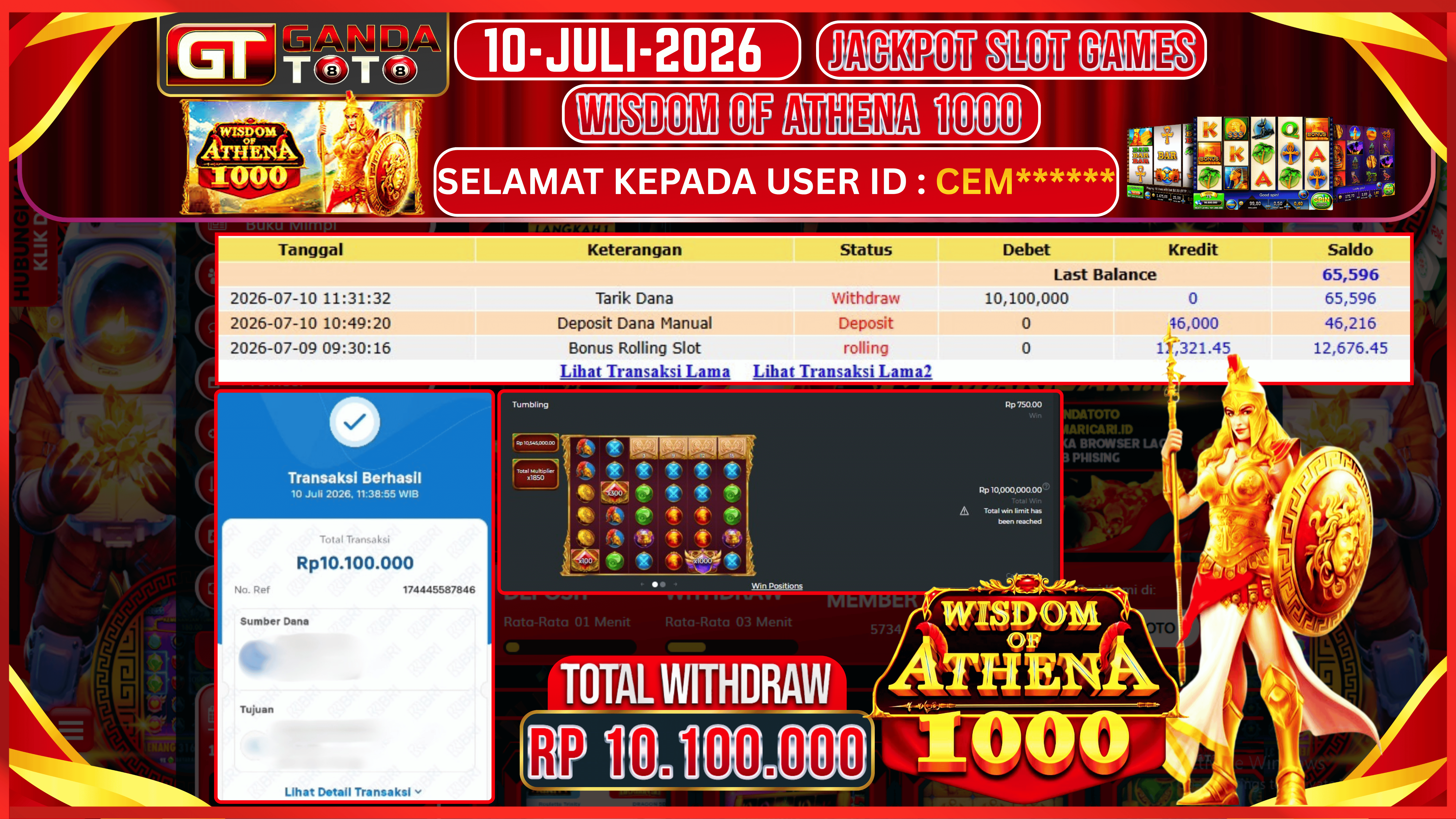 JACKPOT SLOT WISDOM OF ATHENA HINGGA 10.1 JUTA, 10 JULI 2026