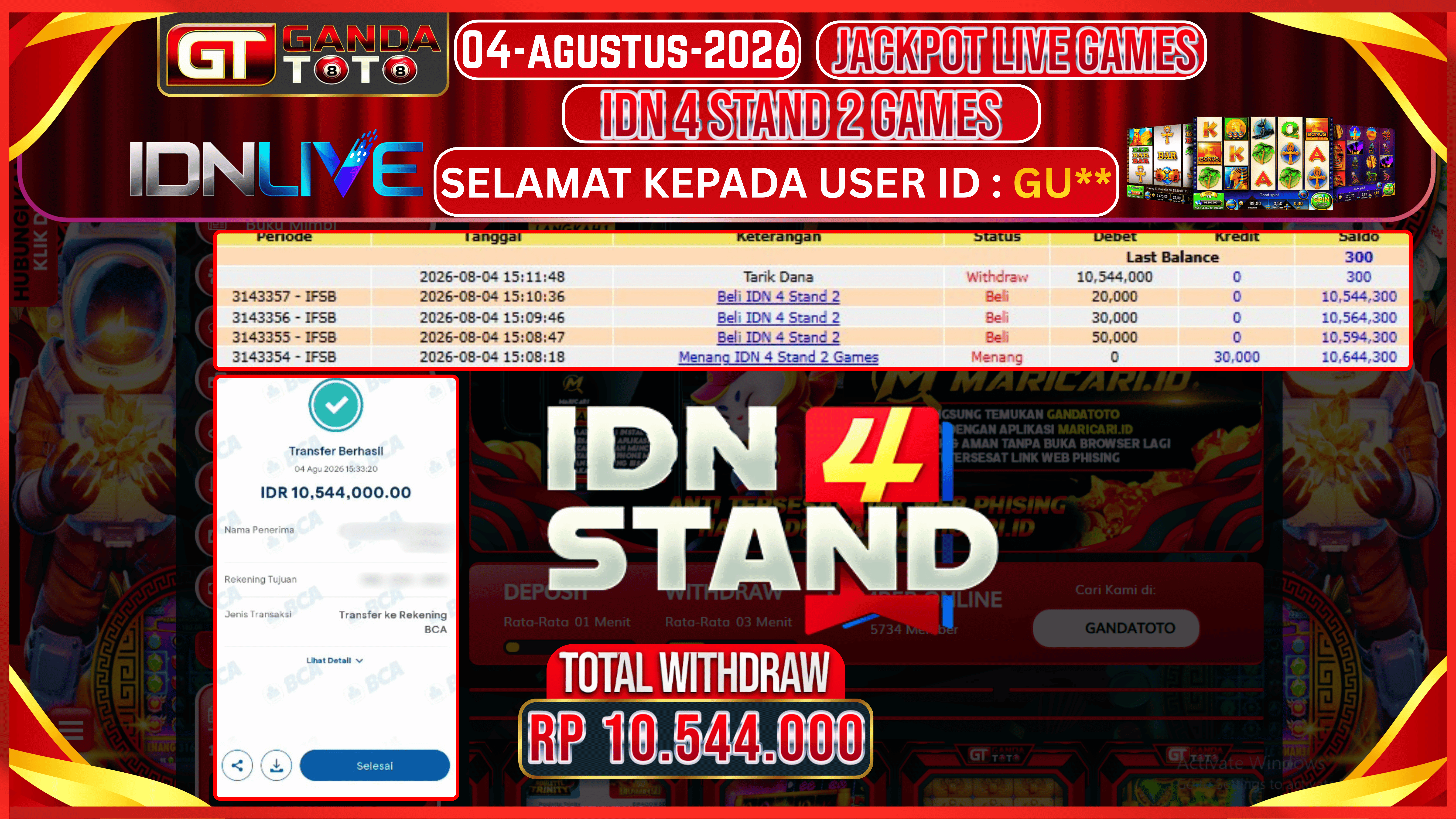 JACKPOT LIVE GAMES IDN 4 STAND HINGGA 10.5 JUTA, 04 AGUSTUS 2026