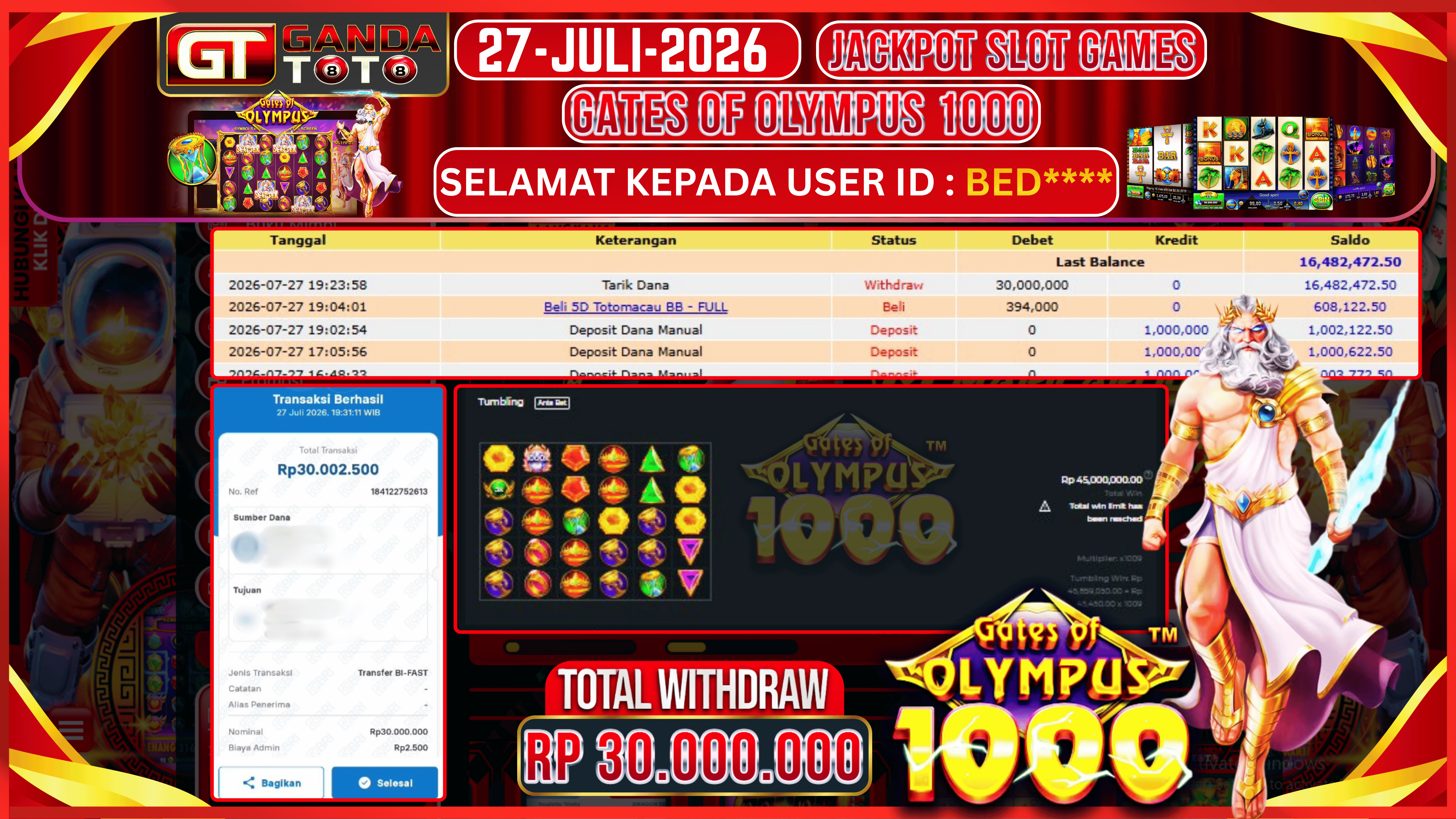 JACKPOT SLOT GATES OF OLYMPUS 1000 HINGGA 30 JUTA, 27 JULI 2026