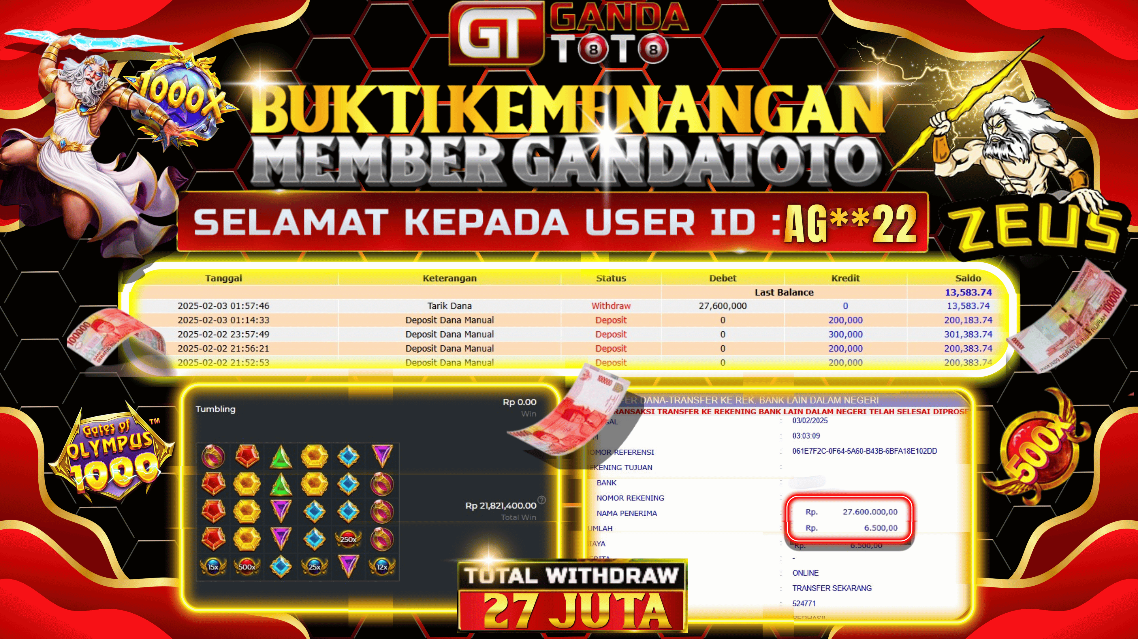 JACKPOT SLOT GATES OFF OLYMPUS HINGGA 27 JUTA, 03 FEBRUARI 2025