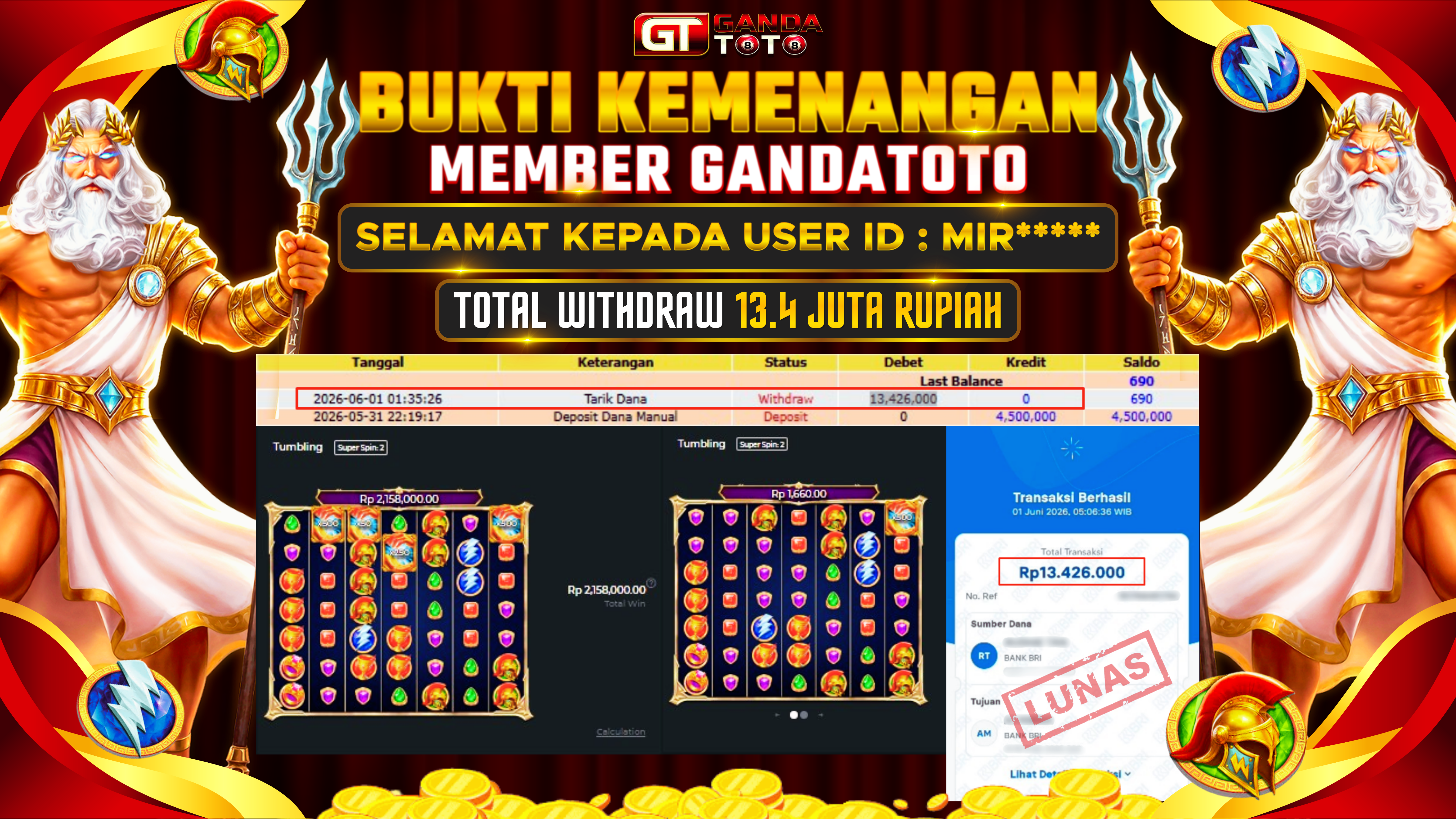 JACKPOT SLOT FORTUNE OF OLYMPUS HINGGA 13.4 JUTA, 01 JUNI 2026