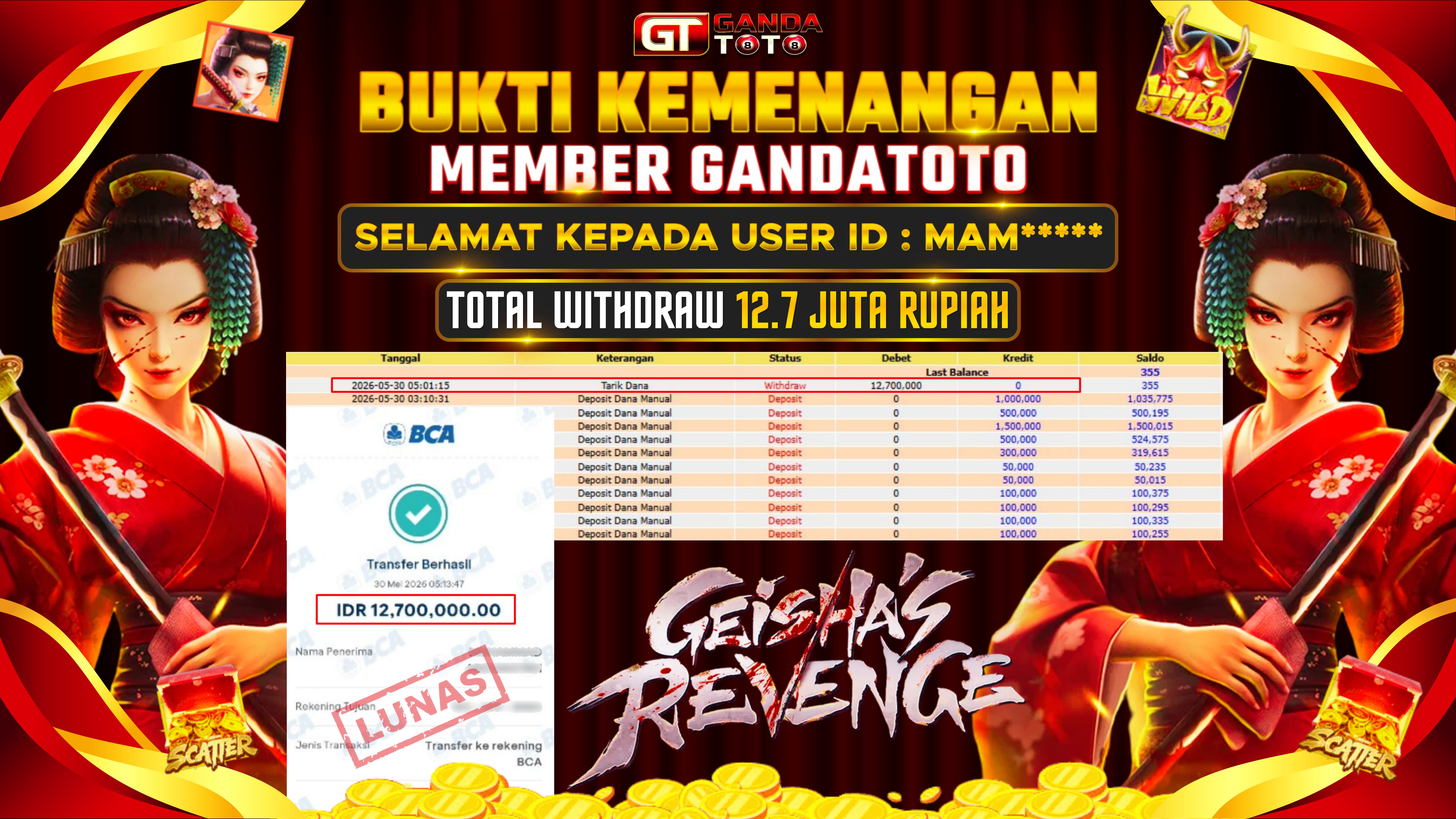 JACKPOT SLOT GEISHAS REVENGE HINGGA 12.7 JUTA, 30 MEI 2026