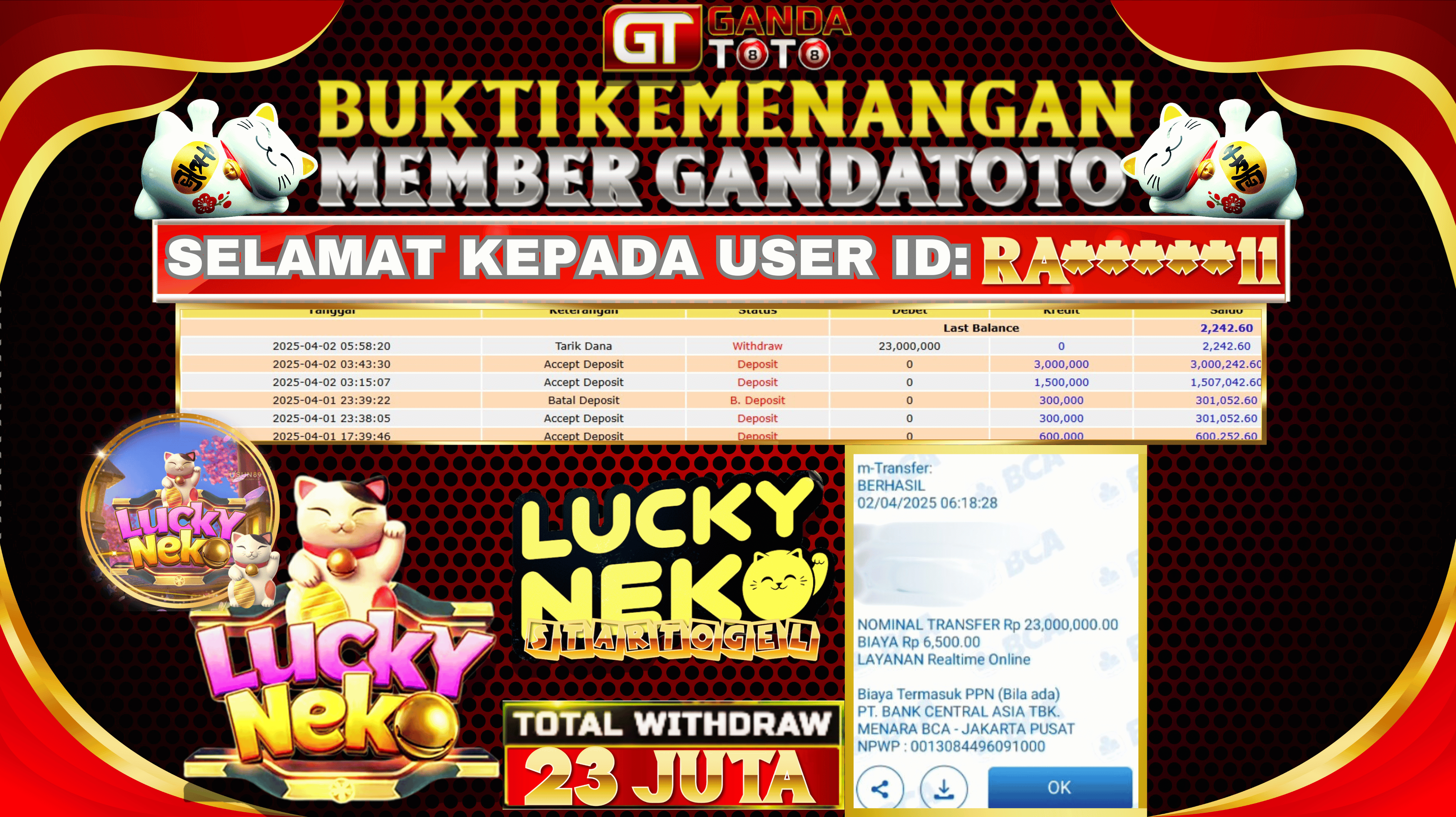 JACKPOT SLOT LUCKY NEKO HINGGA 23 JUTA, 20 MARET 2025