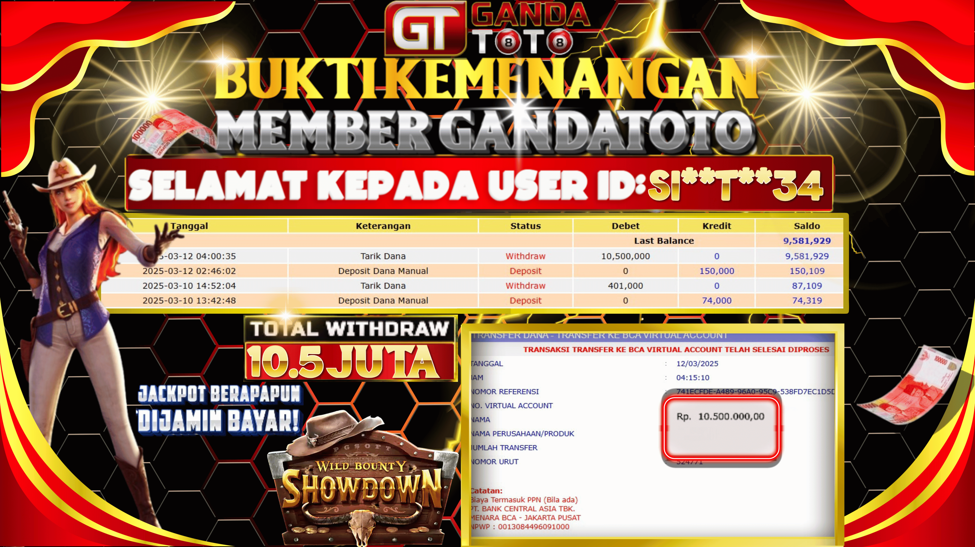 JACKPOT SLOT WILD BOUNTY SHOWDOWN HINGGA 10.5 JUTA, 12 MARET 2025