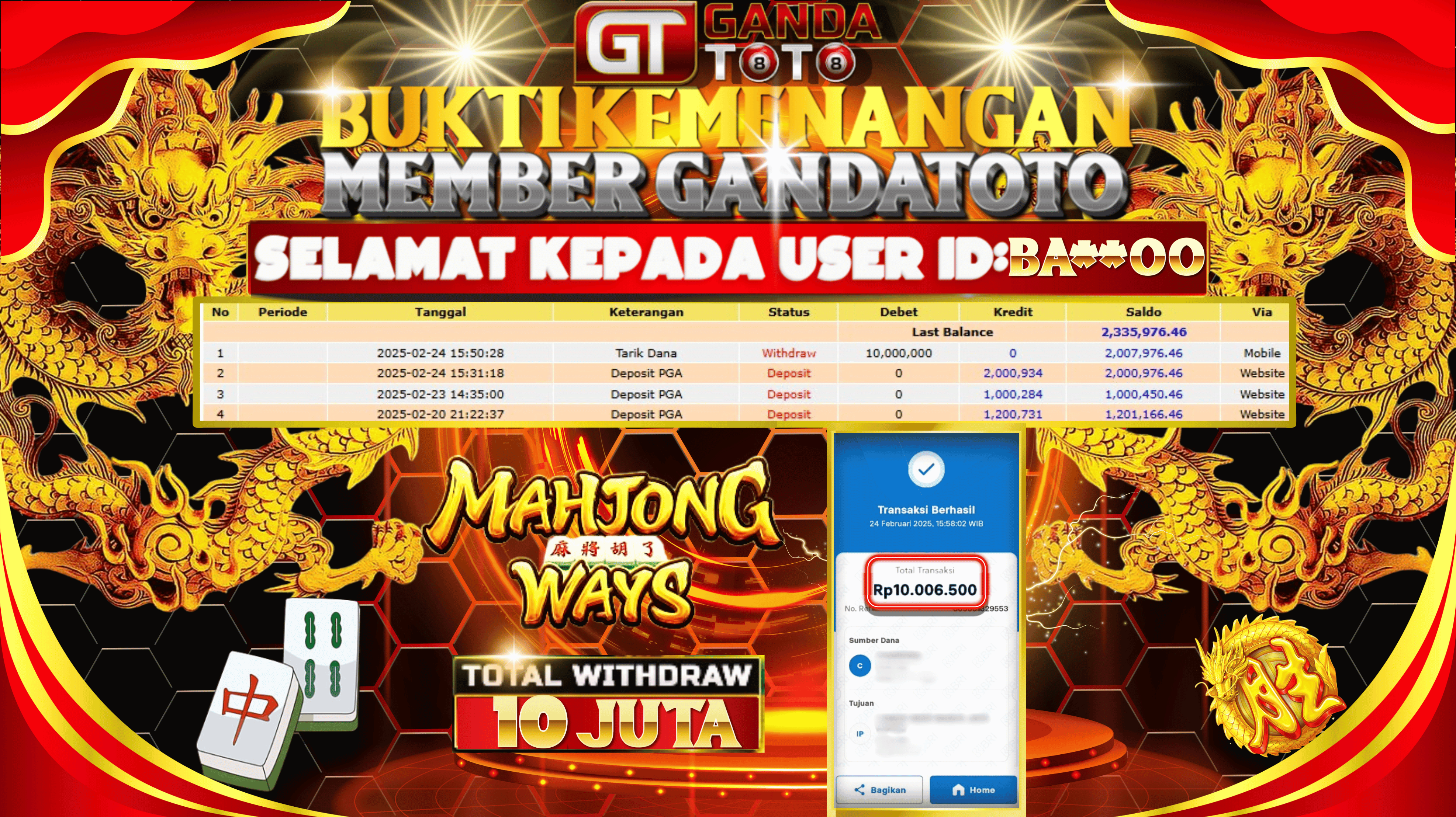 JACKPOT SLOT MAHJONG WAYS HINGGA 10 JUTA,  24 FEBRUARI 2025