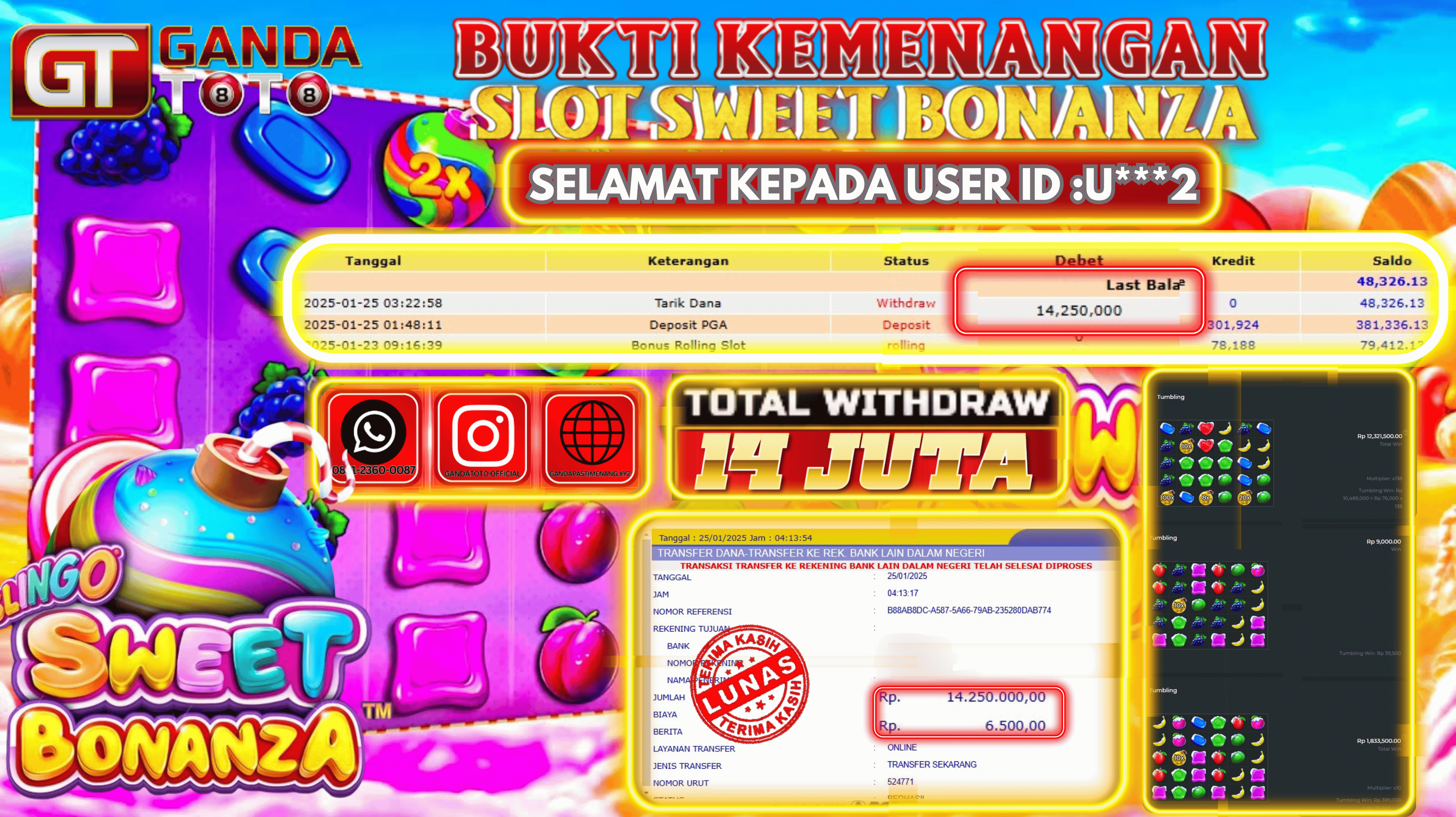 JACKPOT SLOT SWEET BONANZA  HINGGA  14  JUTA, 25 JANUARY 2025