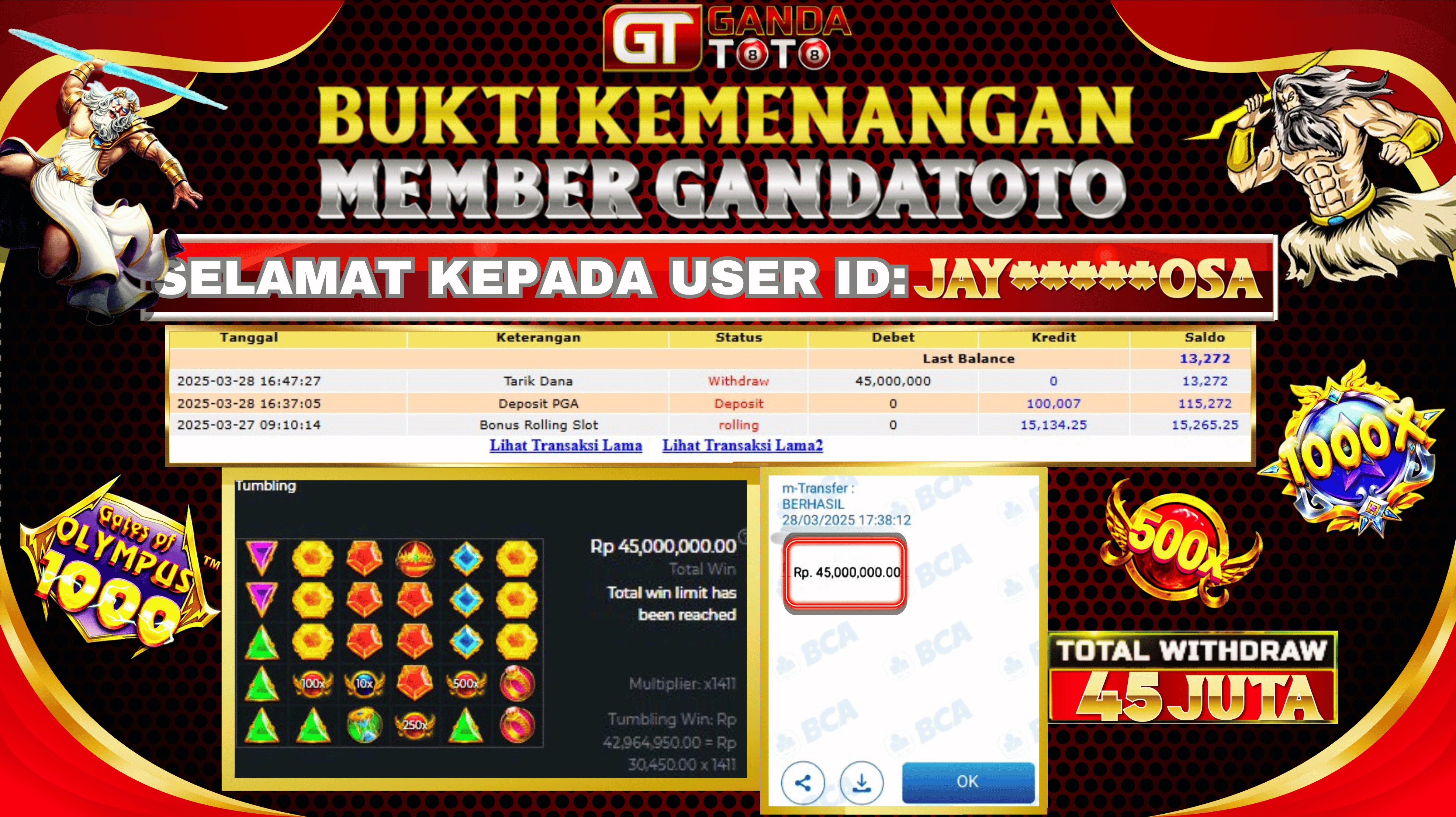 JACKPOT SLOT GATS OF OLYMPUS  HINGGA  45  JUTA, 28 MARET 2025
