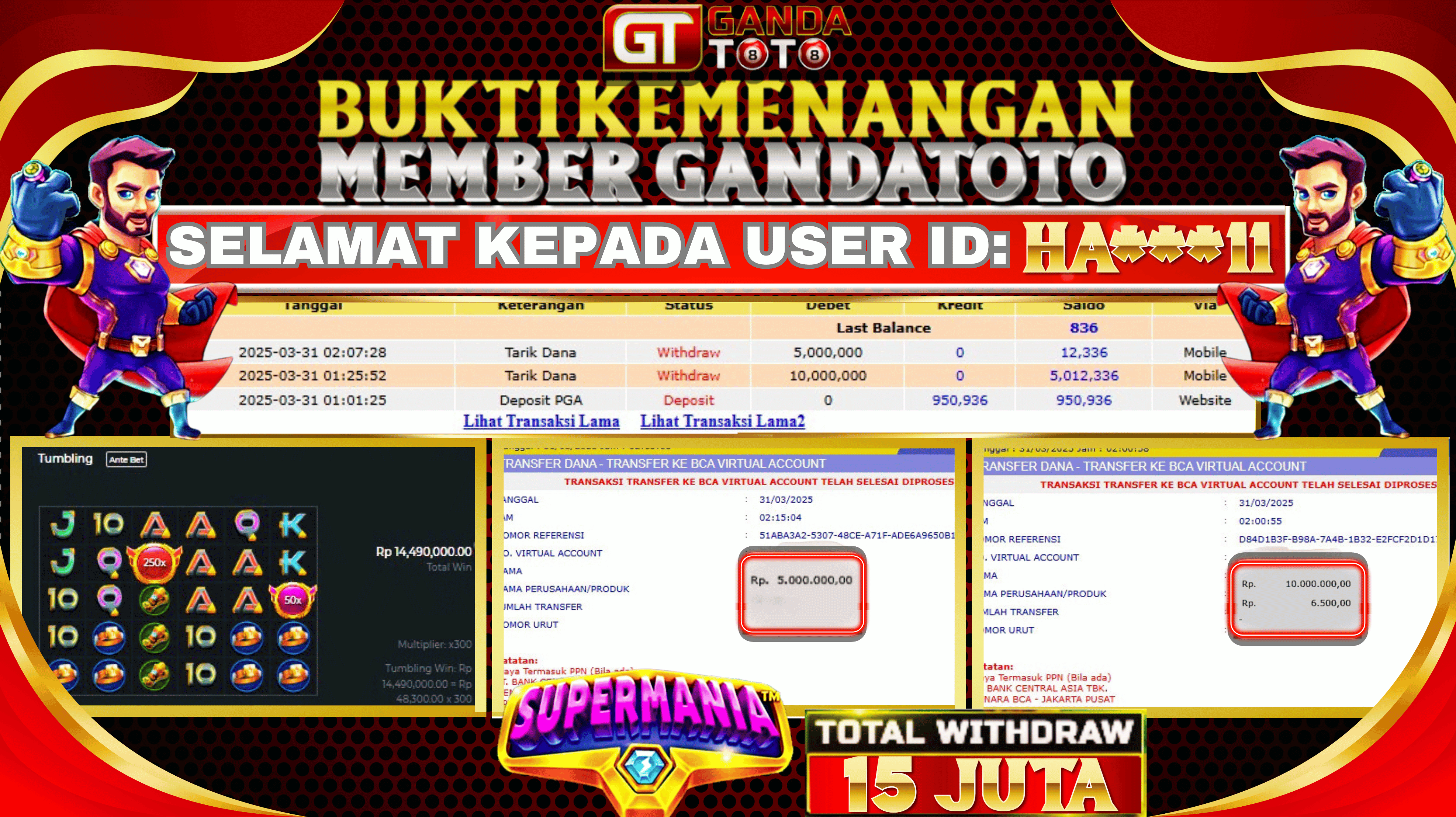 JACKPOT SLOT SUPERMANIA HINGGA 15 JUTA, 31 MARET 2025