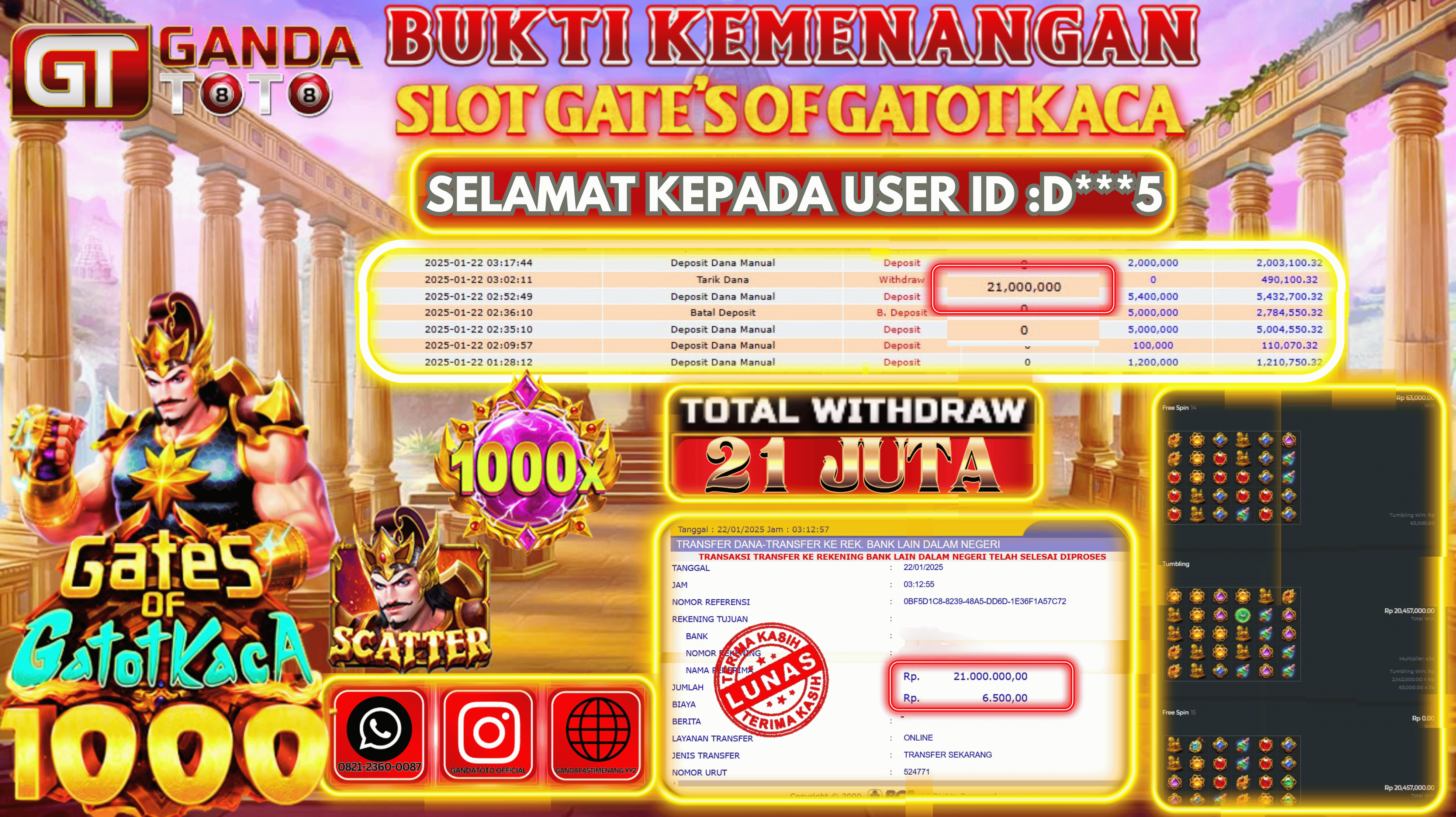 JACKPOT SLOT GATOT KACA 1000 HINGGA 21 JUTA, 22 JANUARY 2025