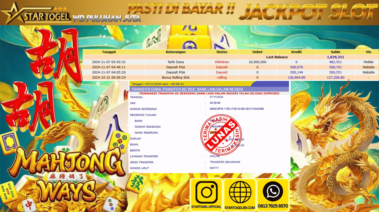 JACKPOT SLOT MAHJONG WAYS HINGGA 32 JUTA, 07 NOVEMBER 2024