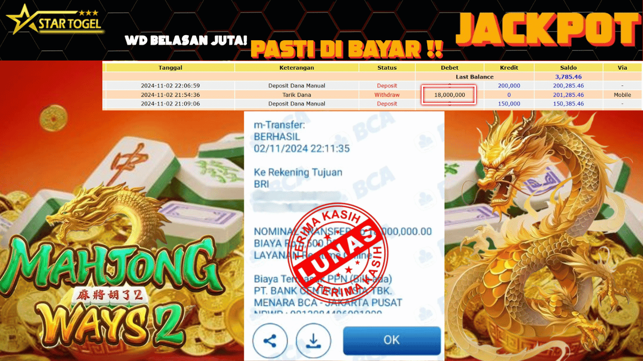 JACKPOT SLOT MAHJONG WAYS 2 HINGGA 18 JUTA, 03 NOVEMBER  2024