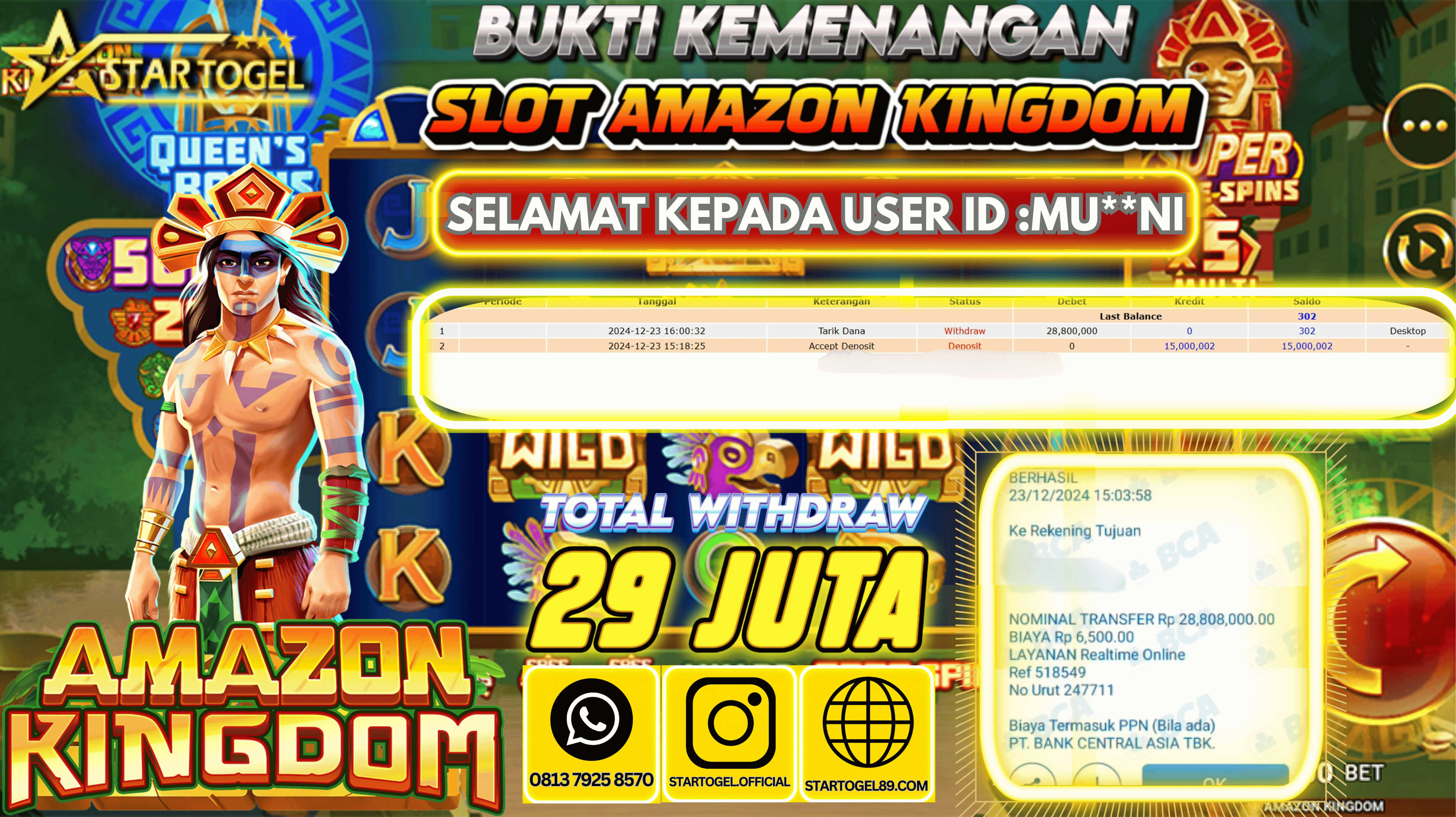 JACKPOT SLOT AMAZON KINGDOM MICROGAMING HINGGA 29 JUTA,  23 DESEMBER 2024