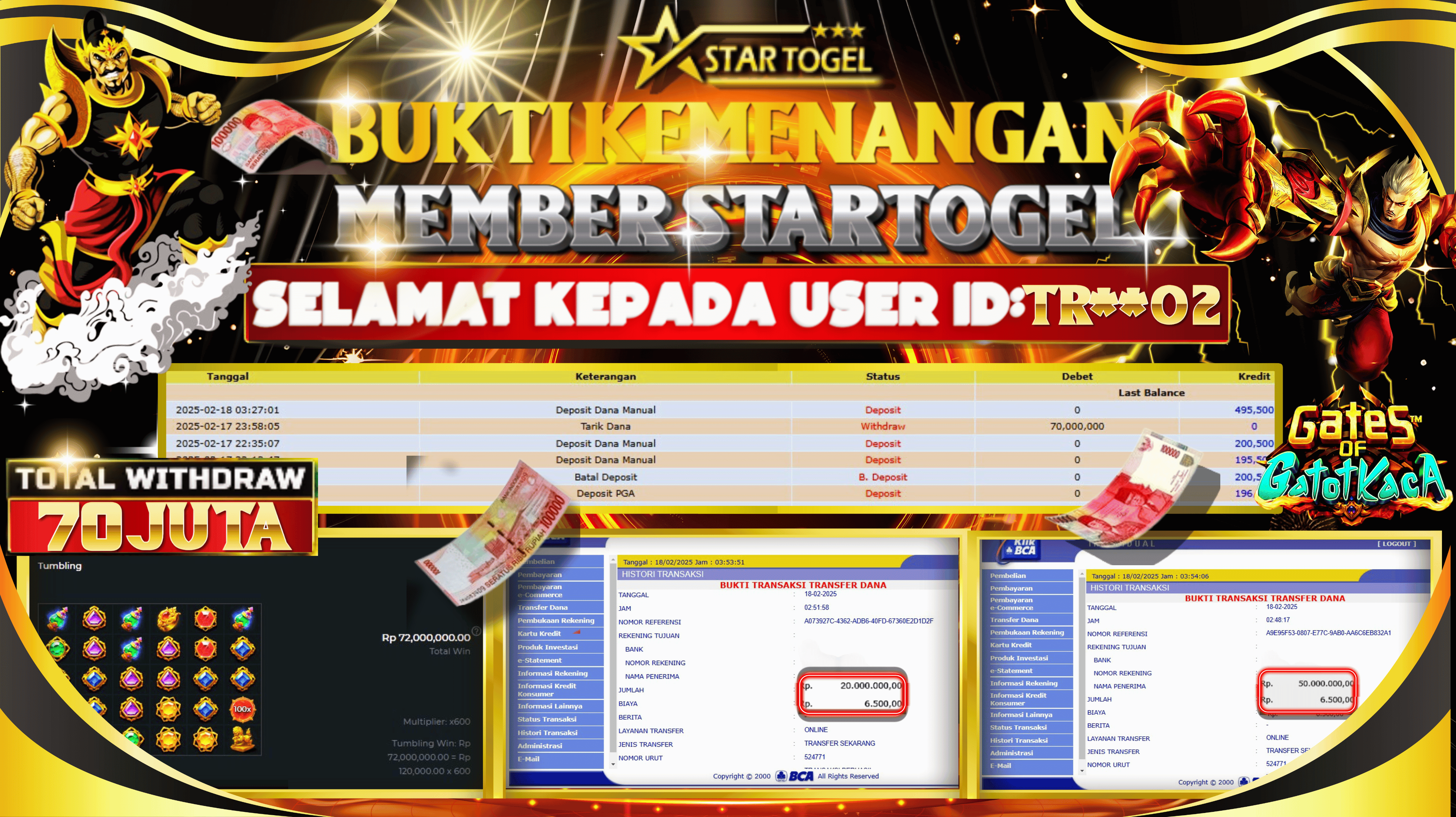 JACKPOT SLOT GATES OF GATOTKACA HINGGA 70 JUTA,  19 FEBRUARI 2025