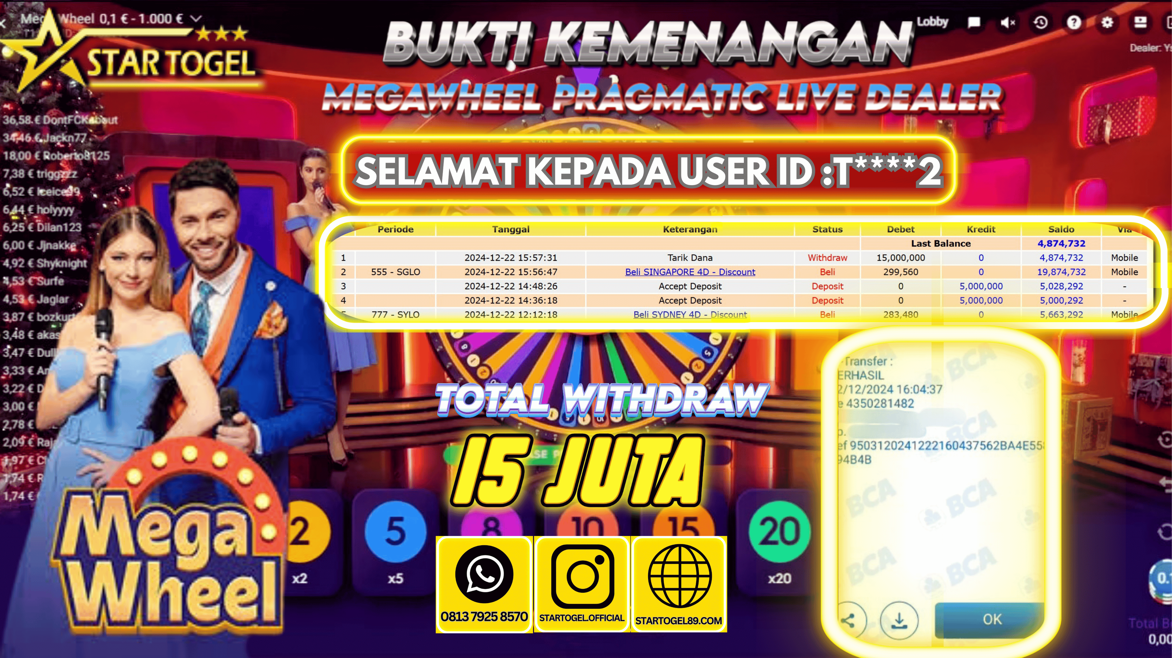 JACKPOT MEGAWHEEL PRAGMATIC LIVE DEALER HINGGA 15 JUTA, 22 DESEMBER 2024