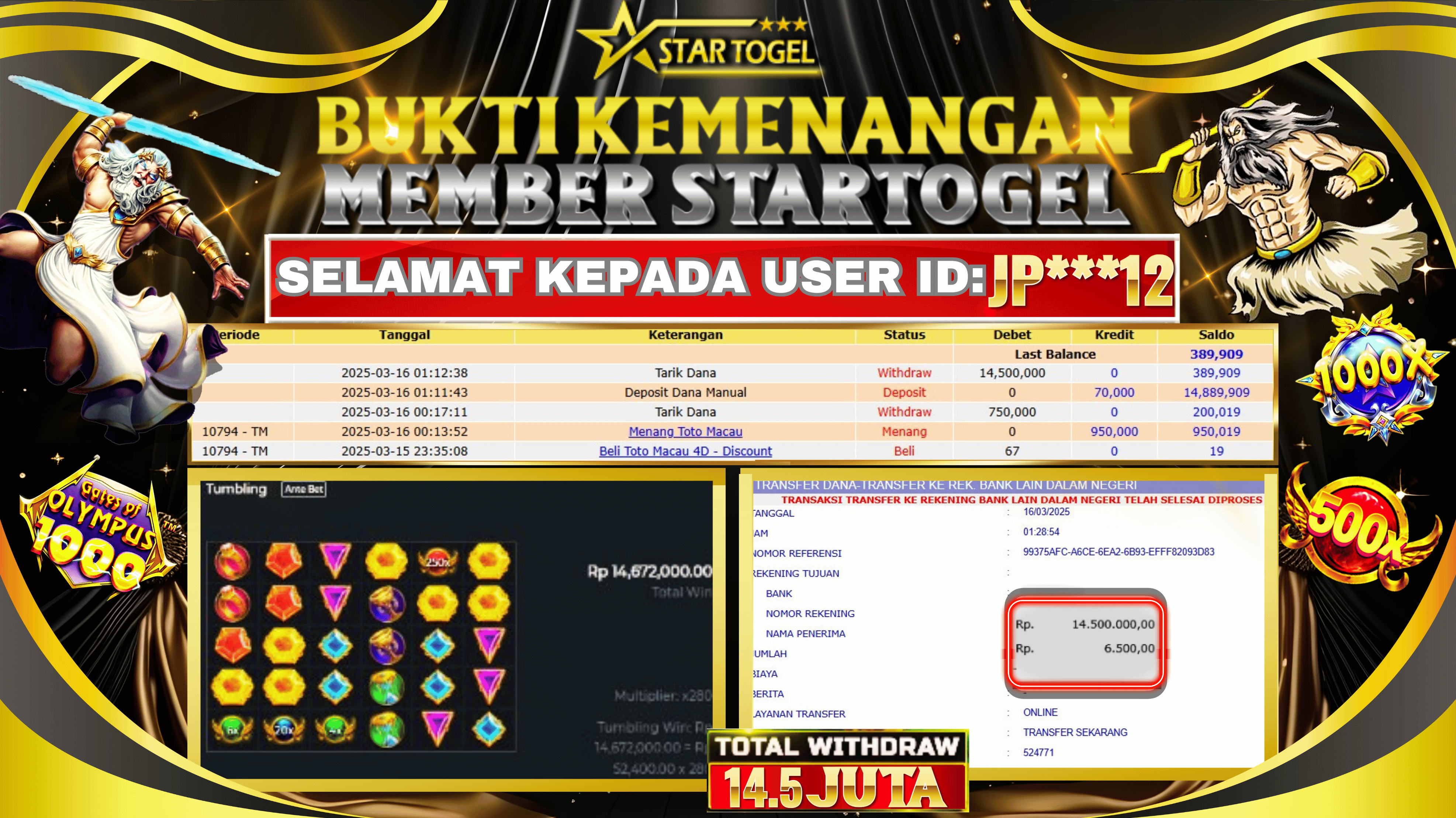 JACKPOT SLOT GATES OFF OLYMPUS 1000 HINGGA 14.5 JUTA, 16 MARET 2025