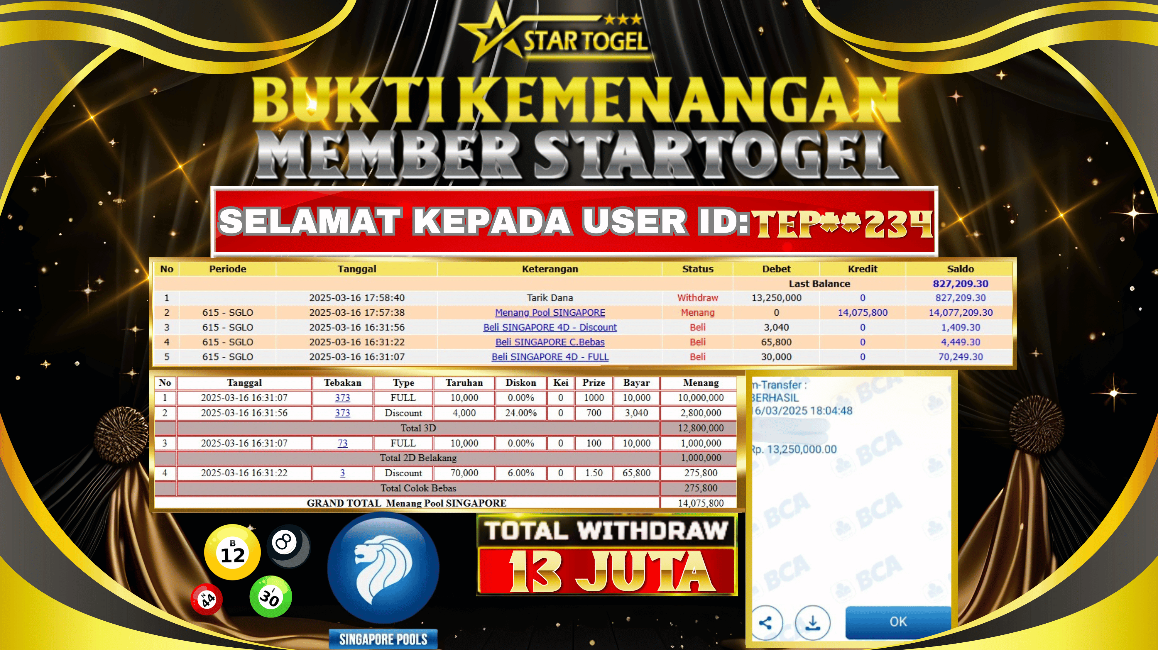 JACKPOT TOGEL ONLINE SINGAPORE POOLS HINGGA 13 JUTA, 16 MARET 2025