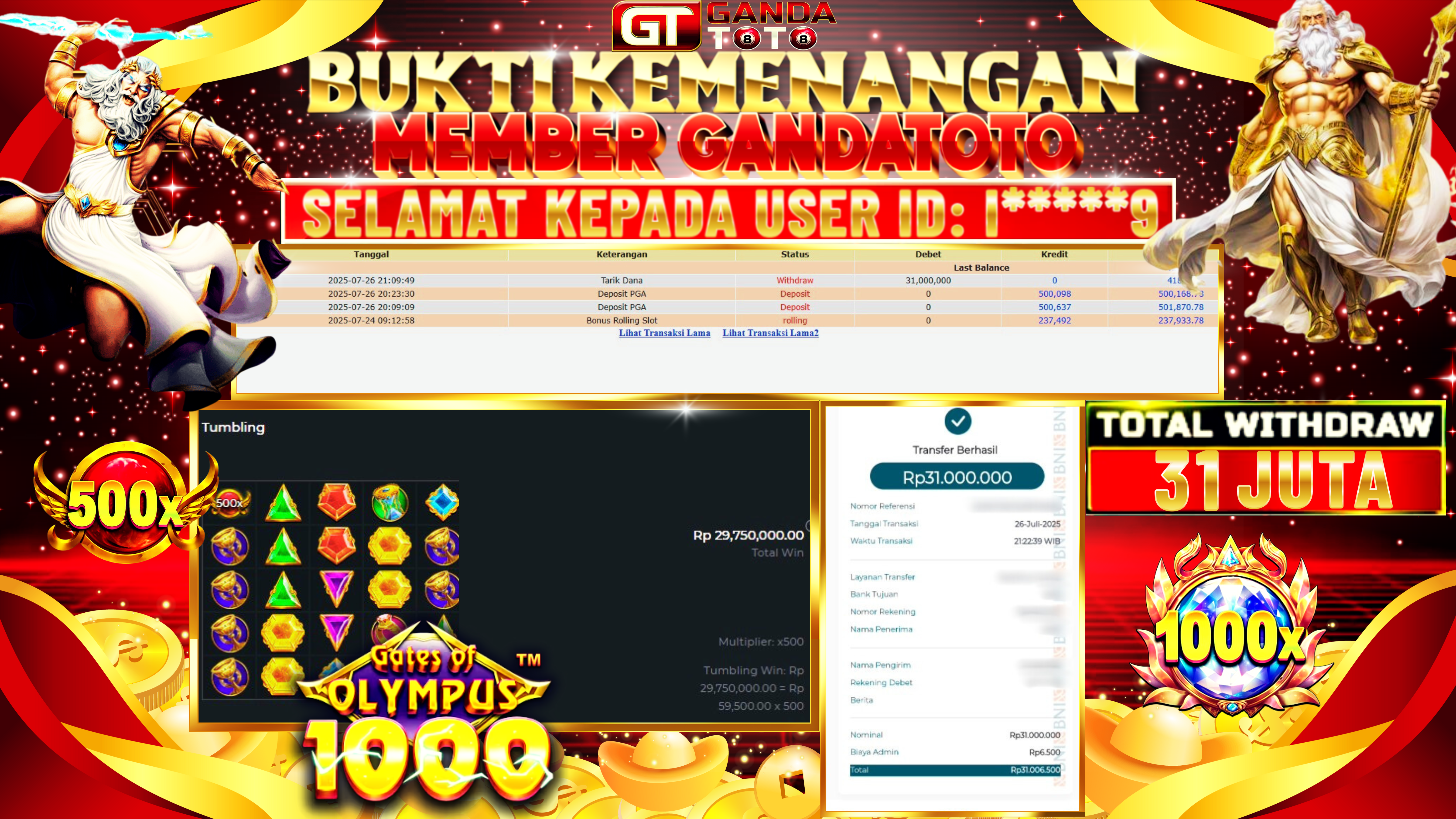 JACKPOT SLOT GATES OF OLYMPUS 1000 HINGGA 31 JUTA, 26 JULI 2025