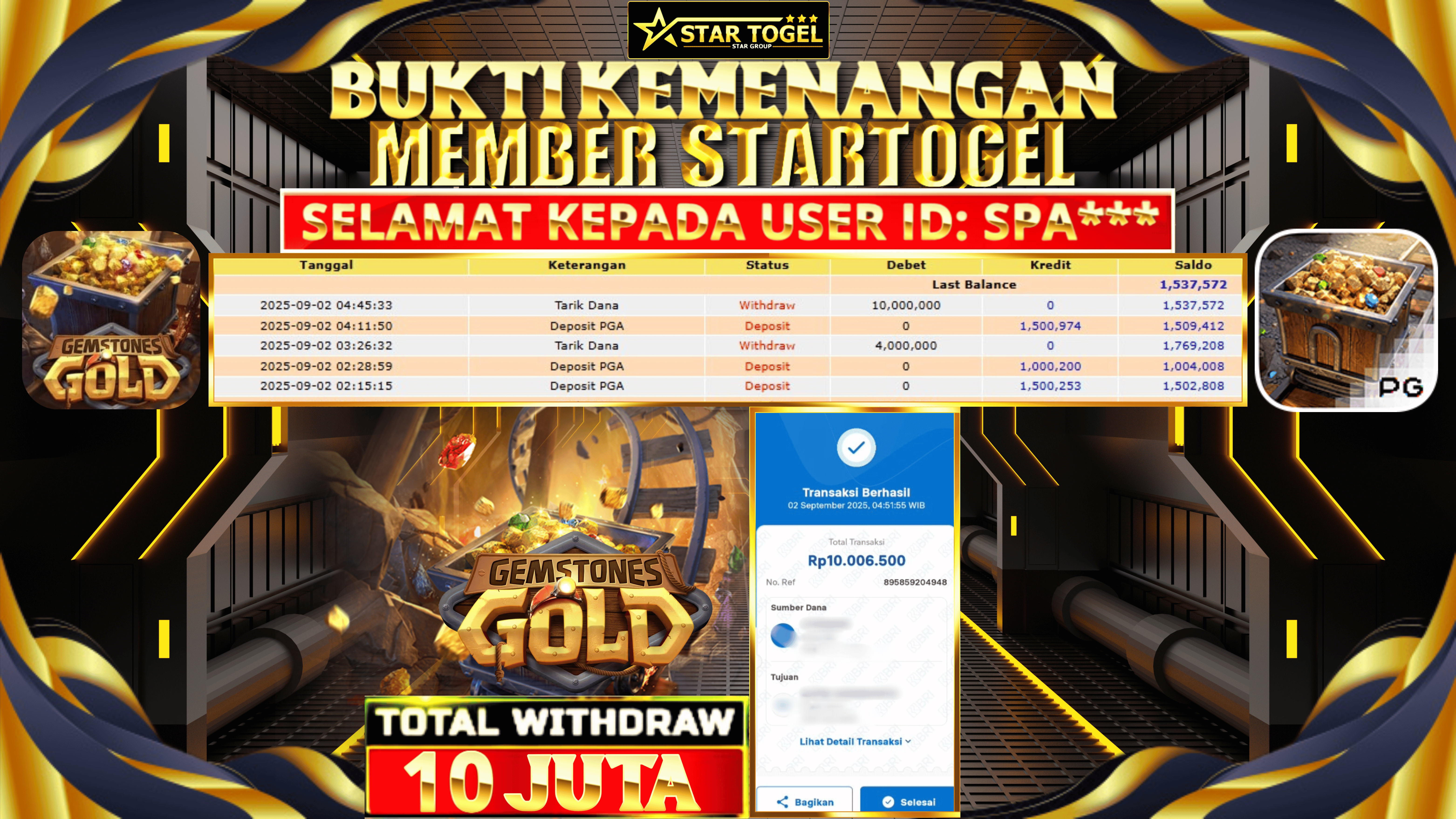 JACKPOT SLOT GEMSTOONE GOLD HINGGA 10 JUTA,  02 SEPTEMBER 2025