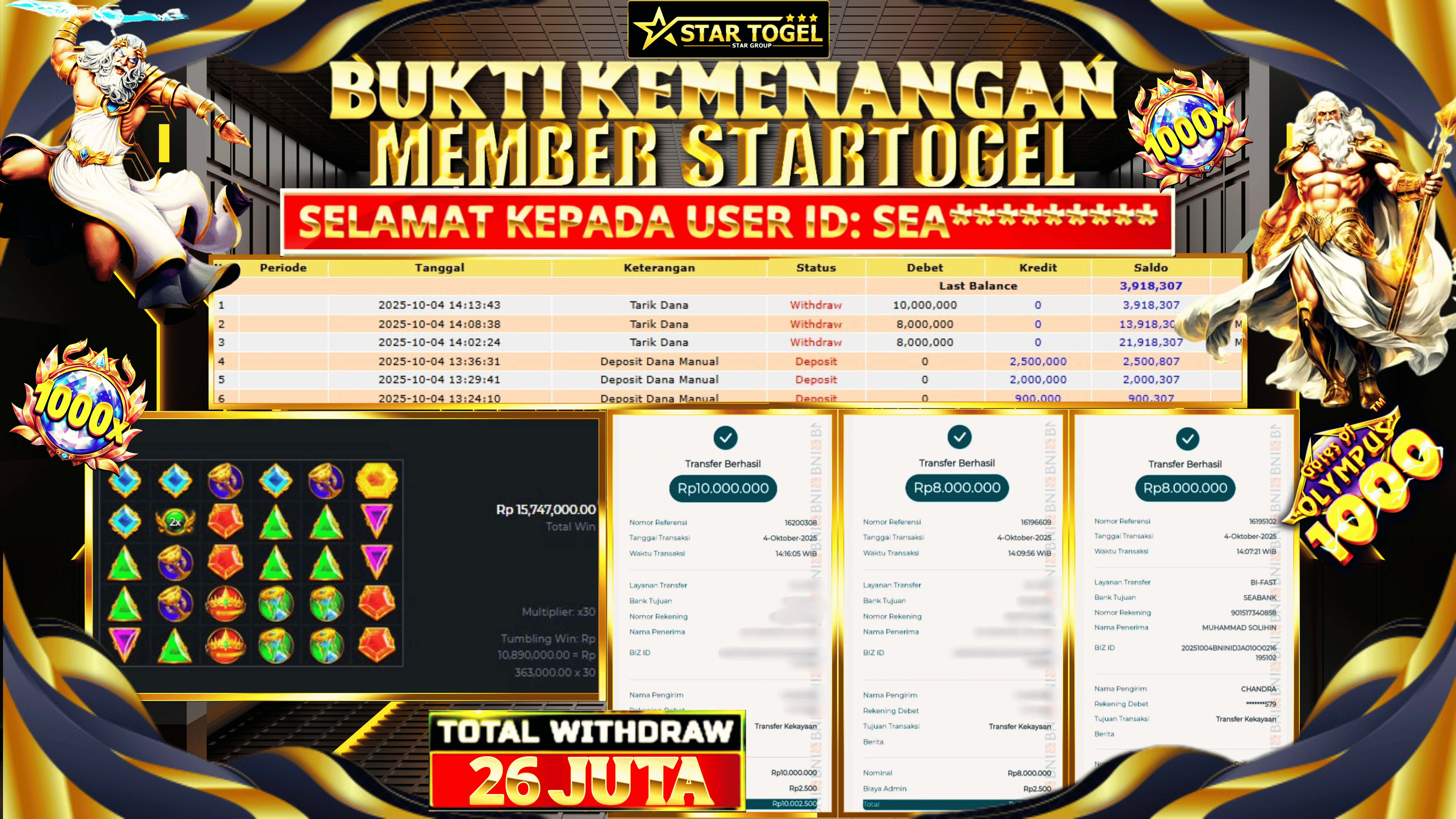 JACKPOT SLOT GATES OF OLYMPUS 1000 HINGGA 26 JUTA, 04 OKTOBER 2025