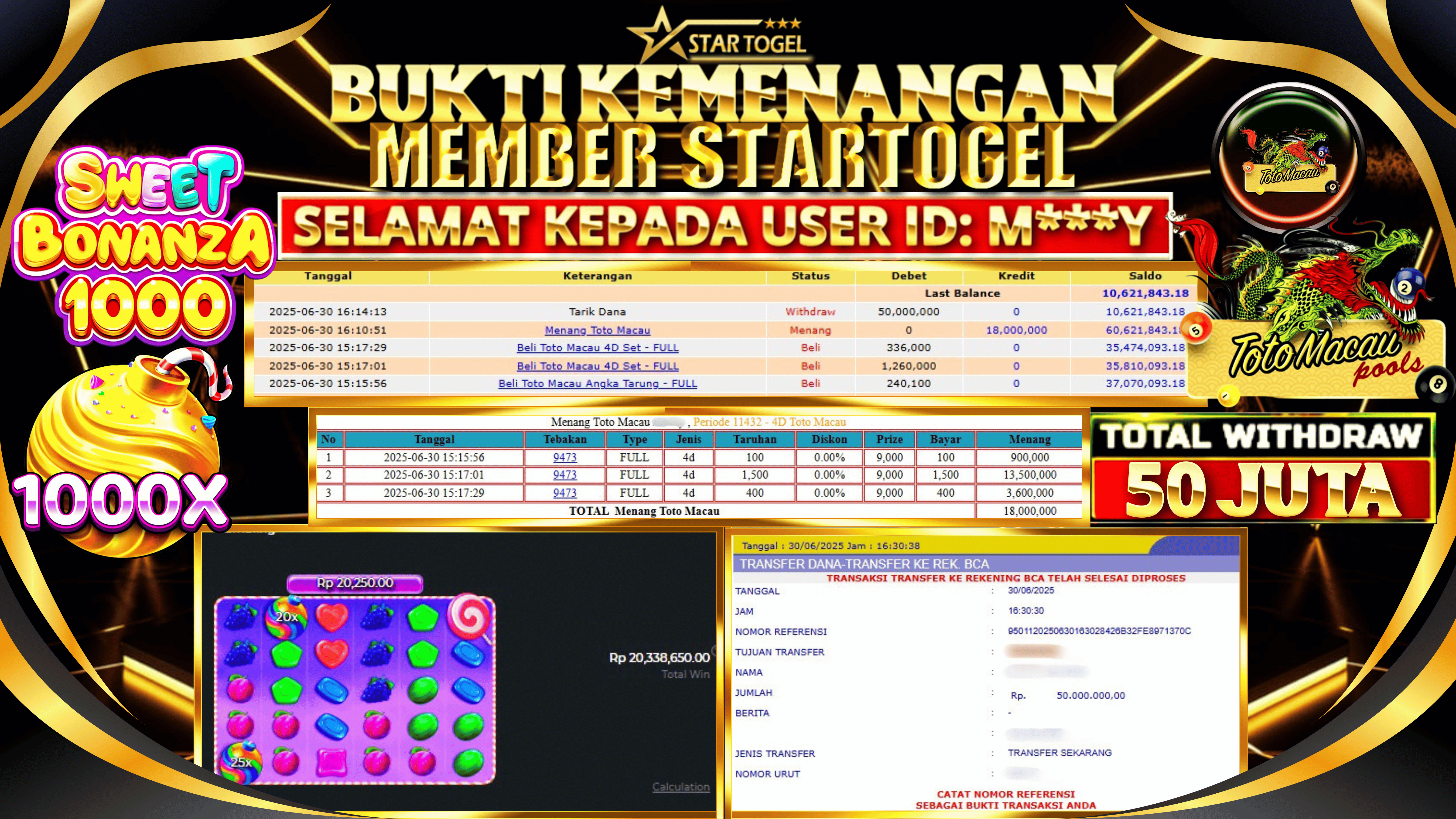JACKPOT SWEET BONANZA 1000 X TOTOMACAU 4D HINGGA 50 JUTA, 30 JUNII 2025