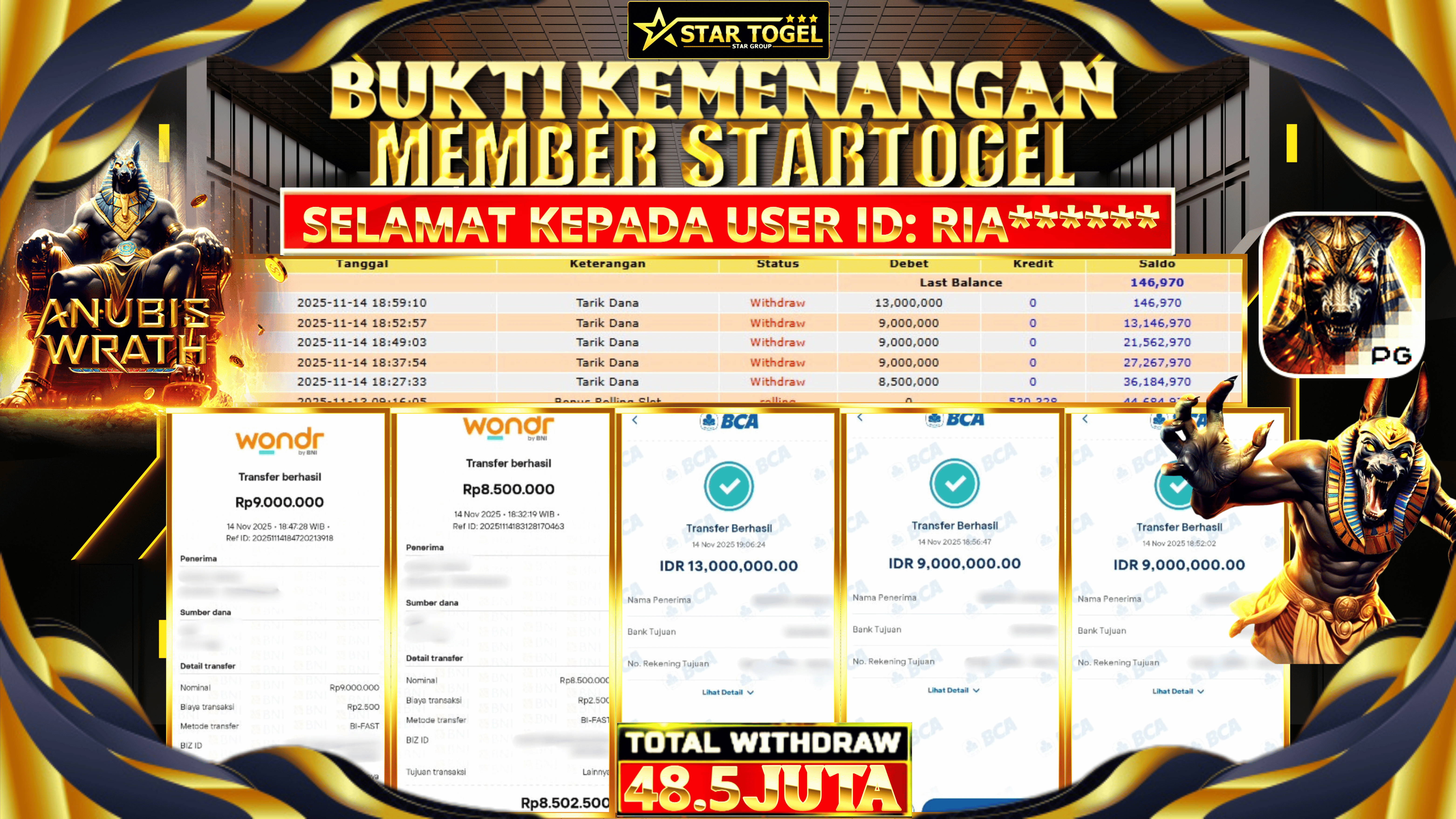 JACKPOT SLOT ANUBIS WRATH HINGGA 48.5 JUTA, 15 NOVEMBER 2025