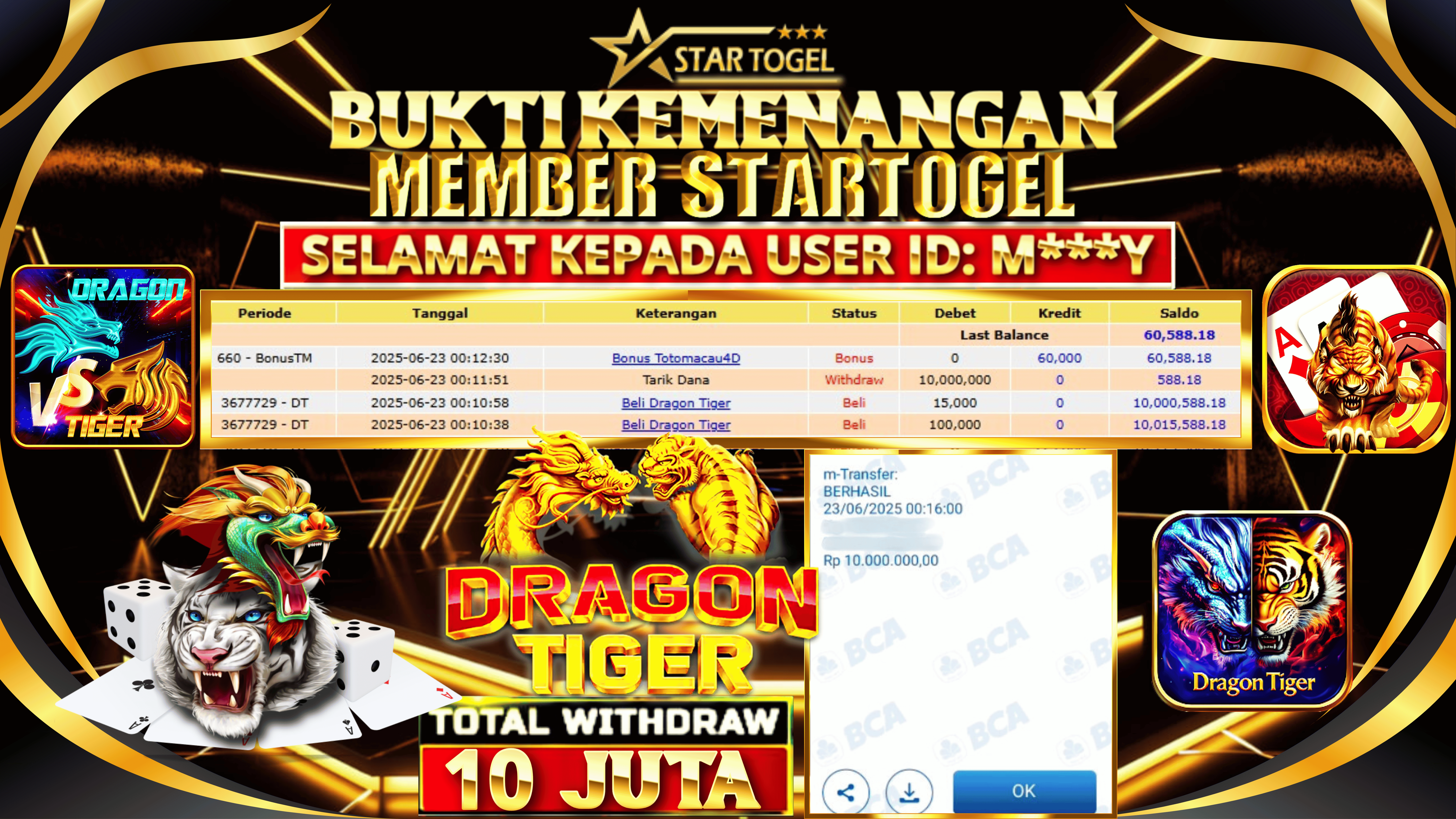 JACKPOT LIVE CASINO DRAGON TIGER HINGGA 10 JUTA, 23 JUNI 2025
