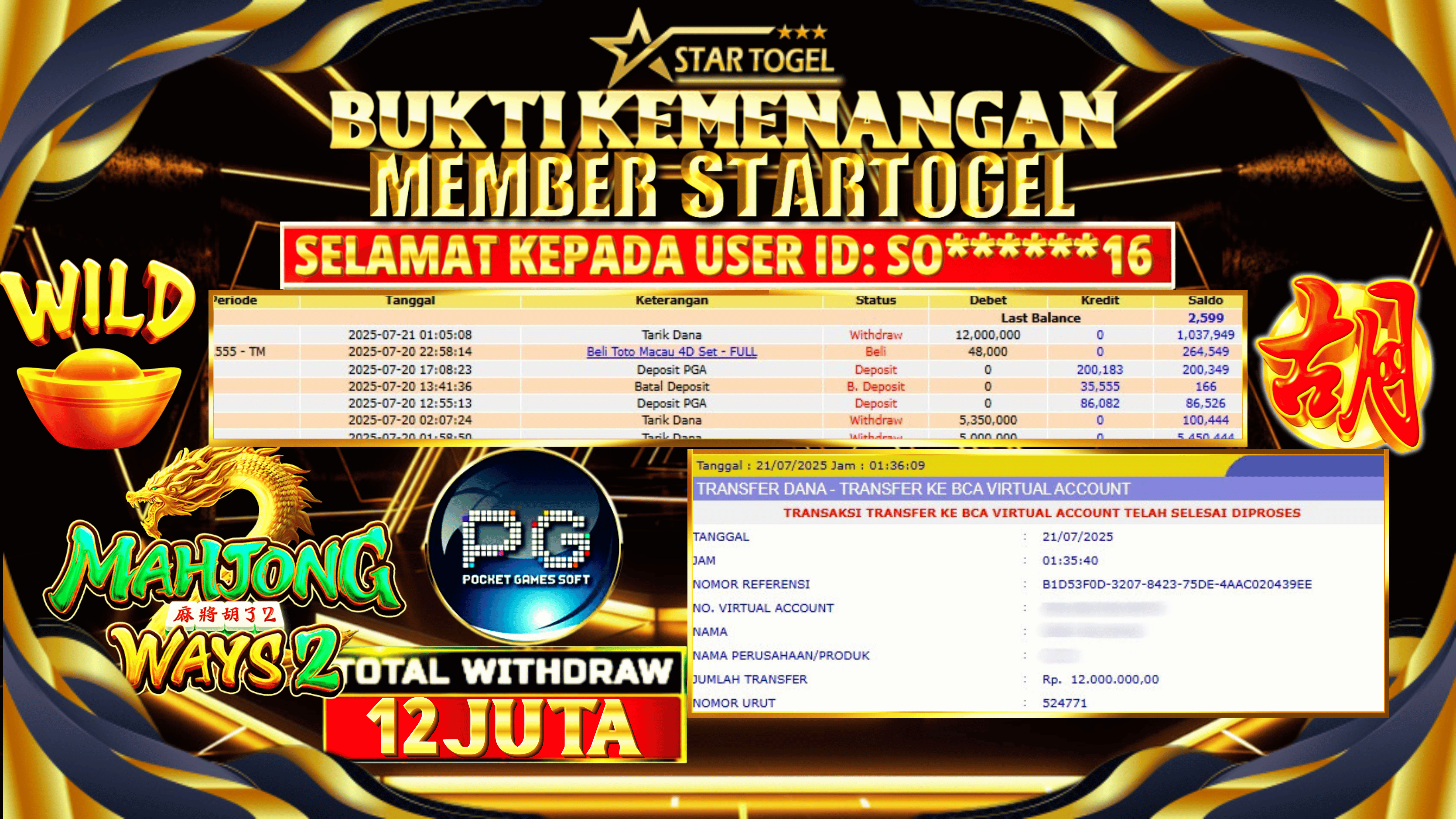 JACKPOT SLOT MAHJONG WAYS 2 HINGGA  12 JUTA, 21 JULI 2025
