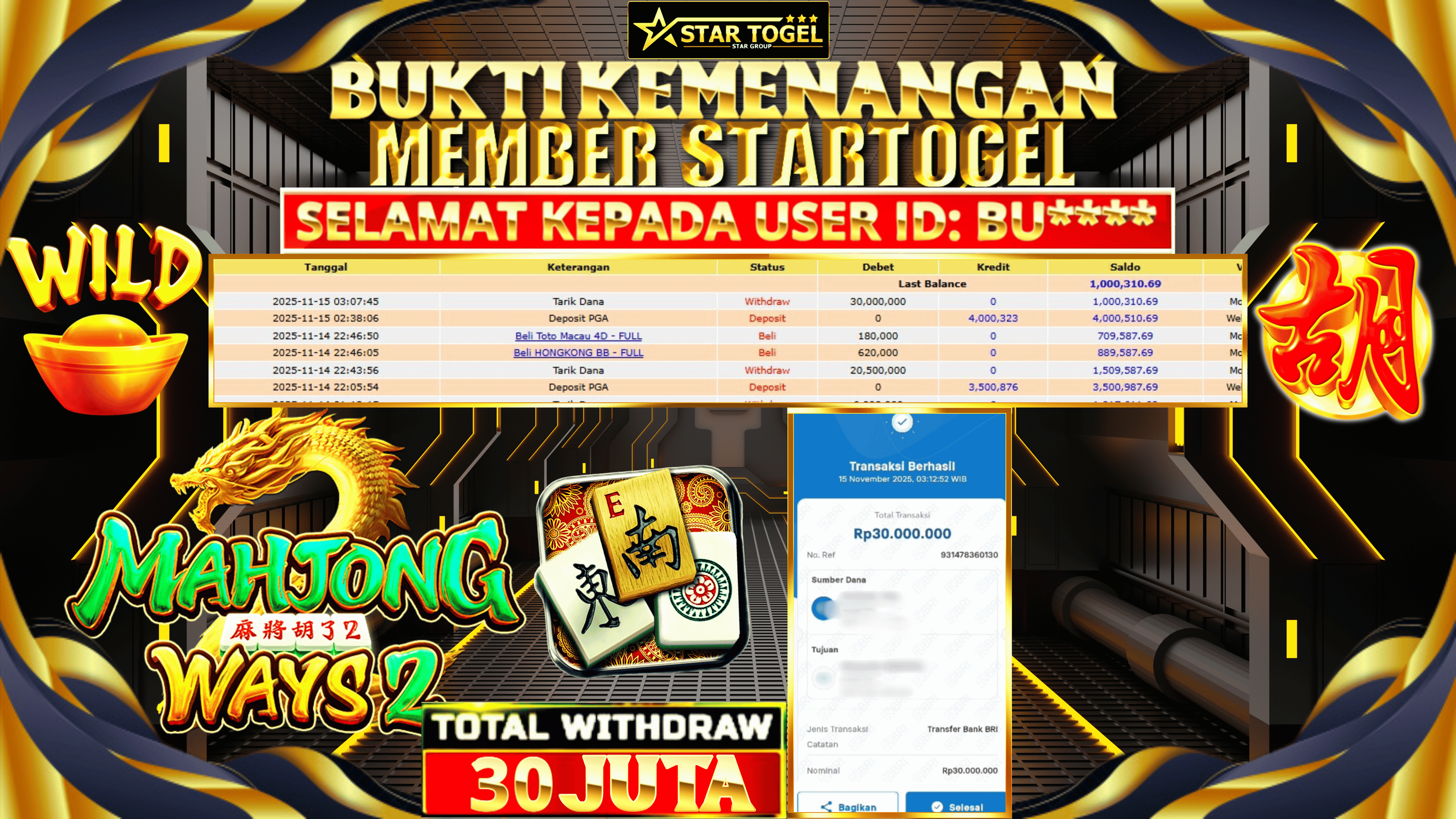 JACKPOT SLOT MAHJONG WAYS2 HINGGA 30 JUTA, 15 NOVEMBER 2025