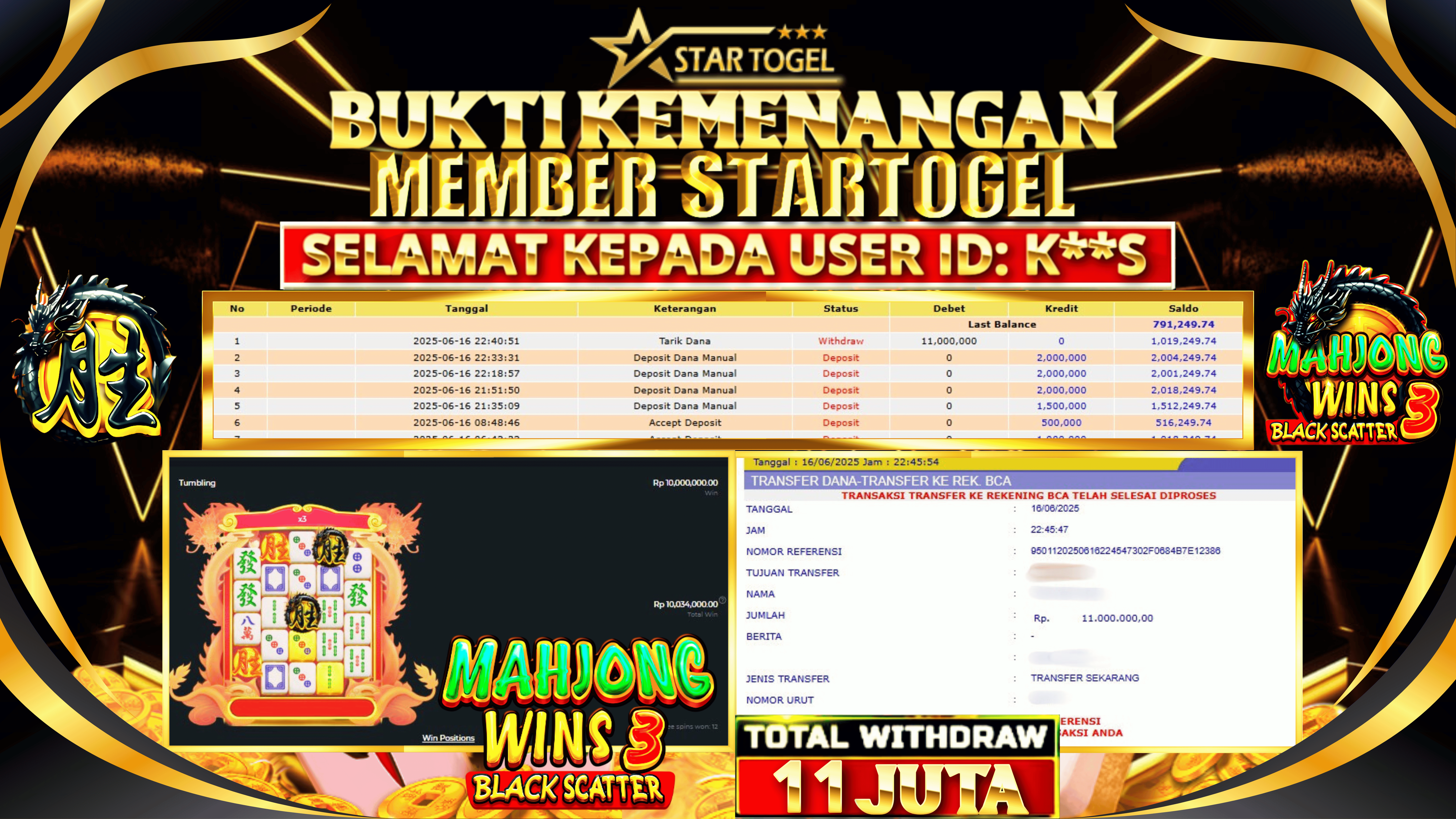 JACKPOT SLOT MAHJONG WINS3 HINGGA 11 JUTA, 17 JUNI 2025