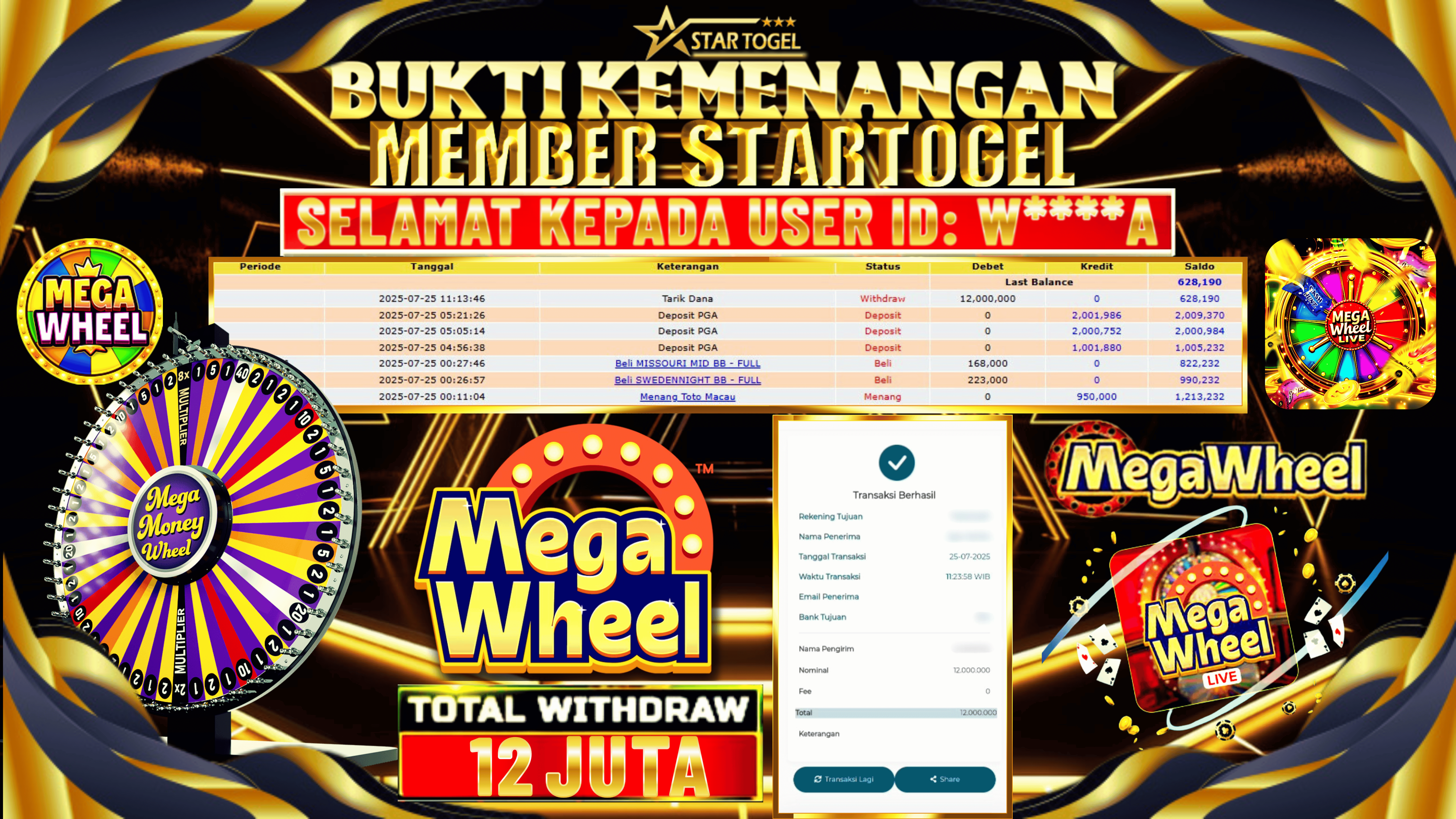 JACKPOT LIVE DEALER MEGA WHEEL HINGGA 12 JUTA, 25 JULI 2025