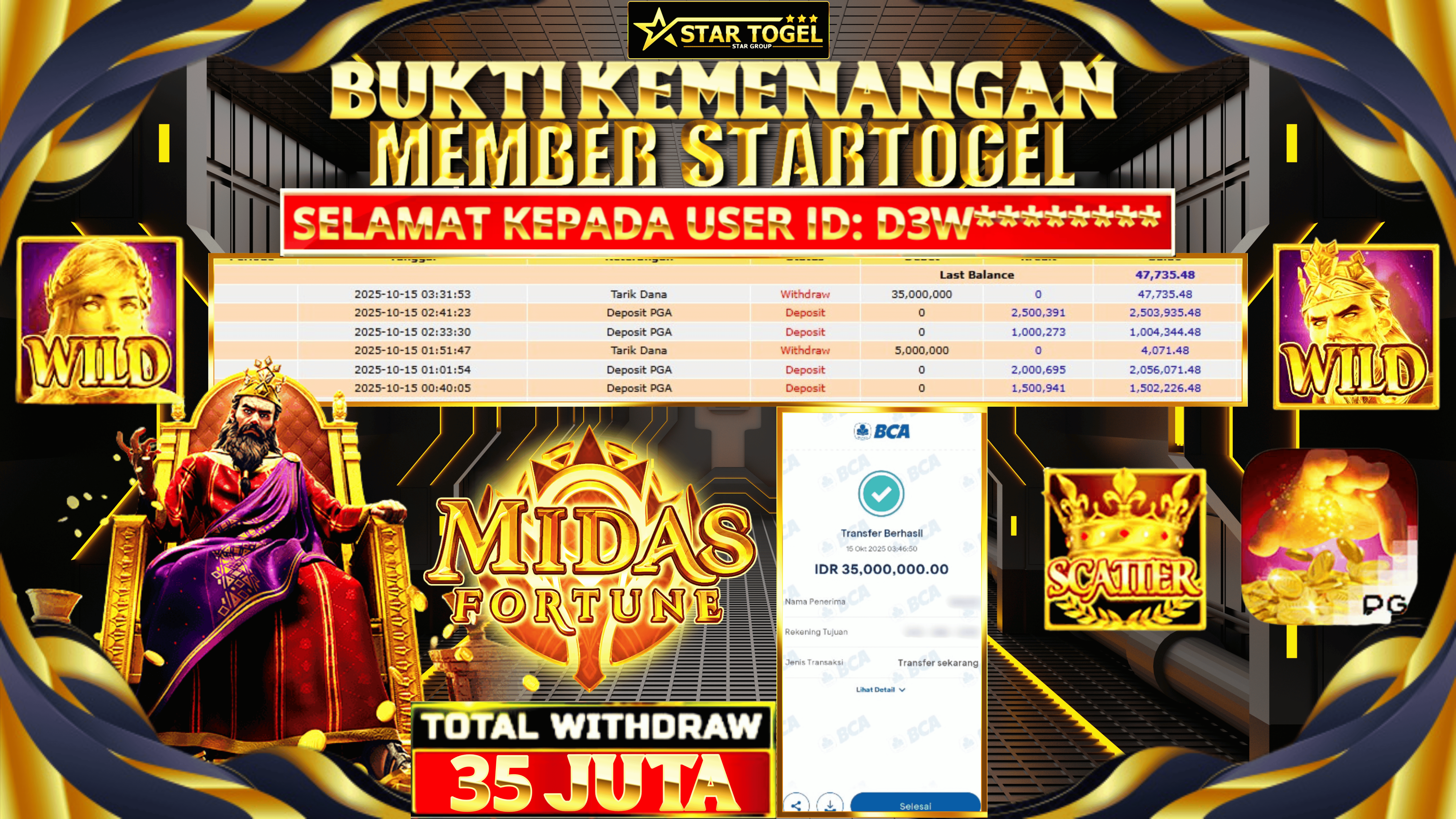 JACKPOT SLOT MIDAS FORTUNE HINGGA 35 JUTA, 15 OKTOBER 2025