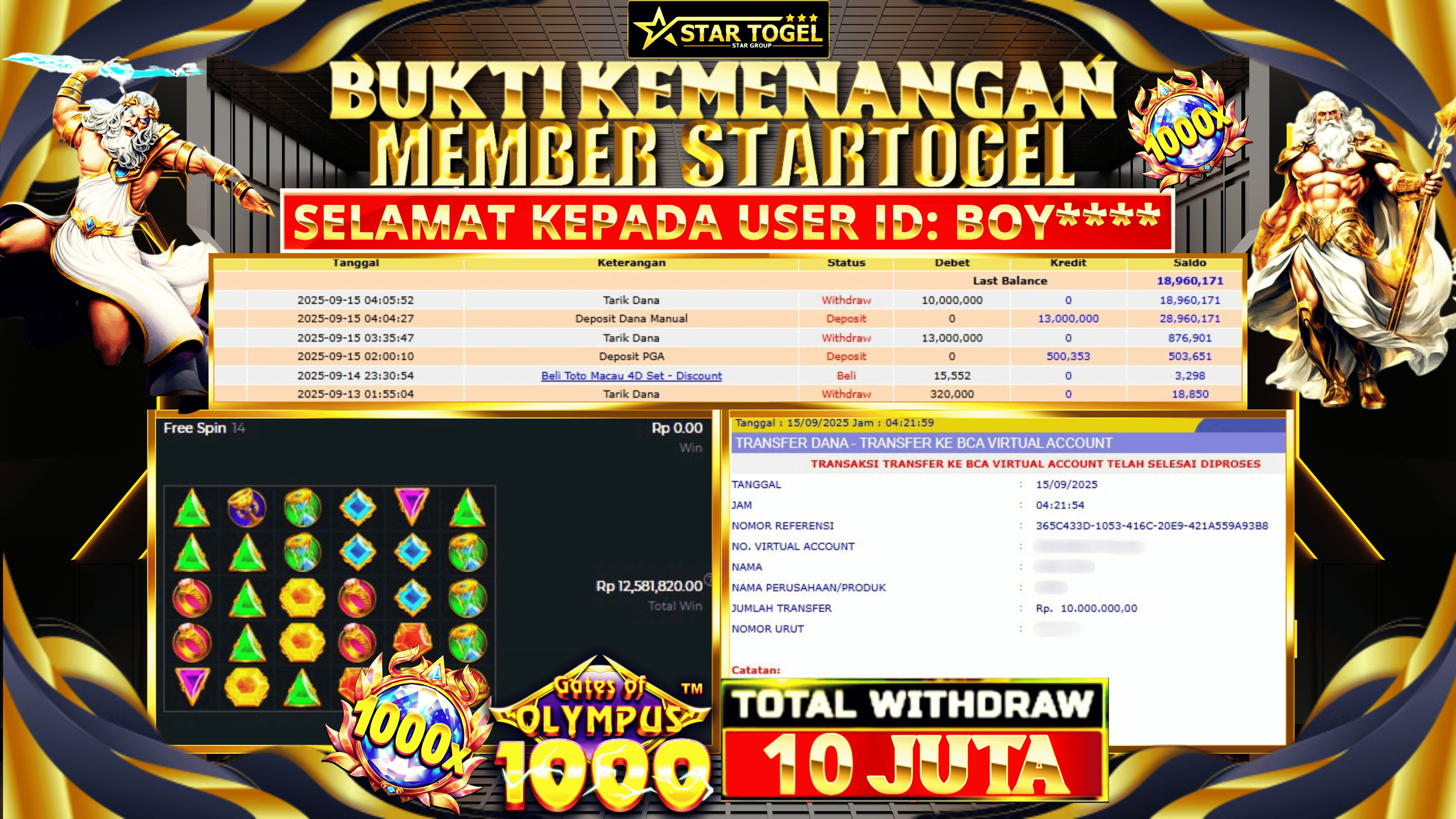 JACKPOT SLOT GATES OF OLYMPUS 1000 HINGGA 10 JUTA, 15 SEPTEMBER 2025