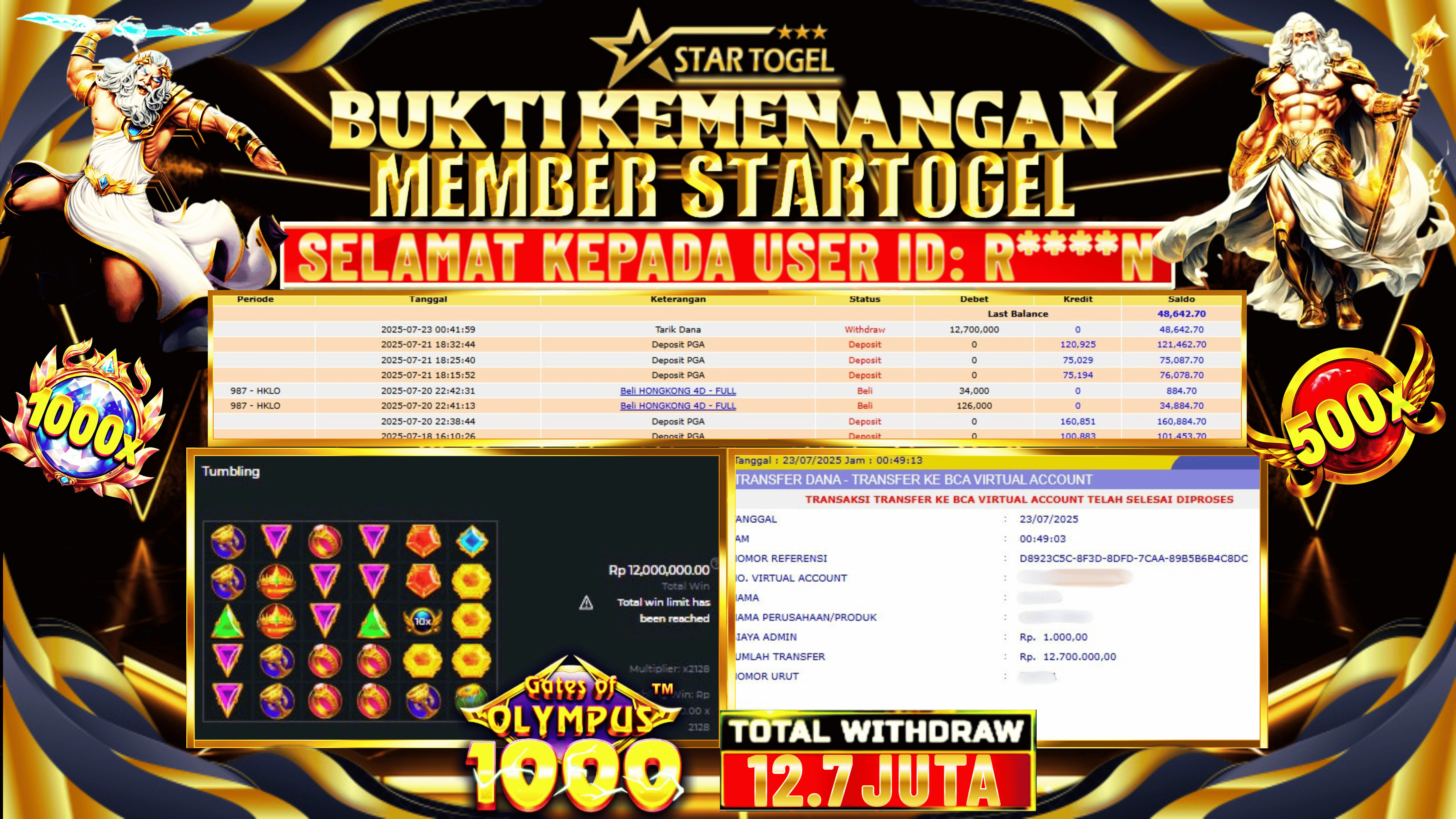 JACKPOT SLOT GATES OF OLYMPUS 1000 HINGGA 12.7 JUTA, 23 JULI 2025