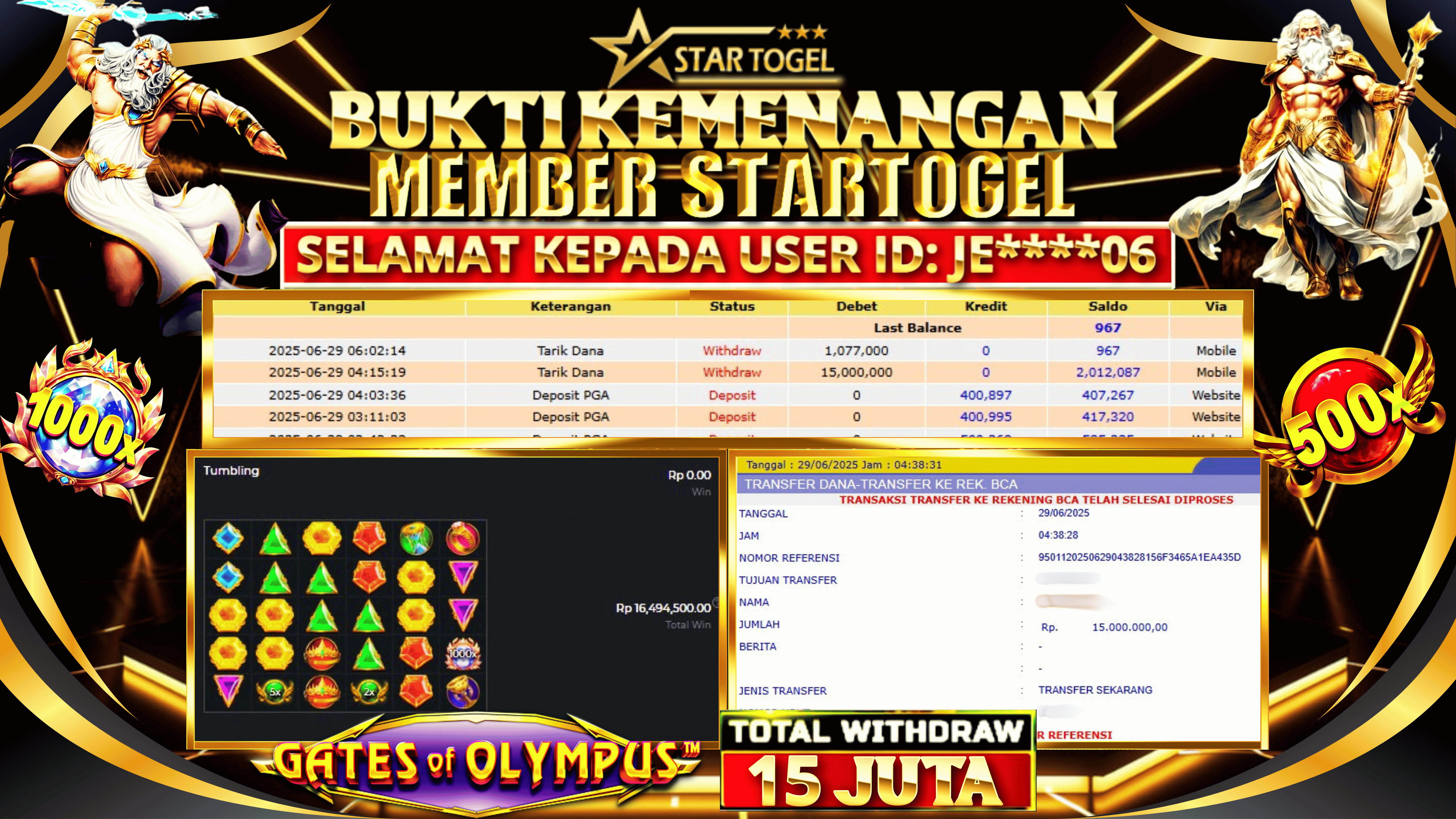 JACKPOT SLOT GATES OF OLYMPUS HINGGA 15 JUTA, 29 JUNI 2025