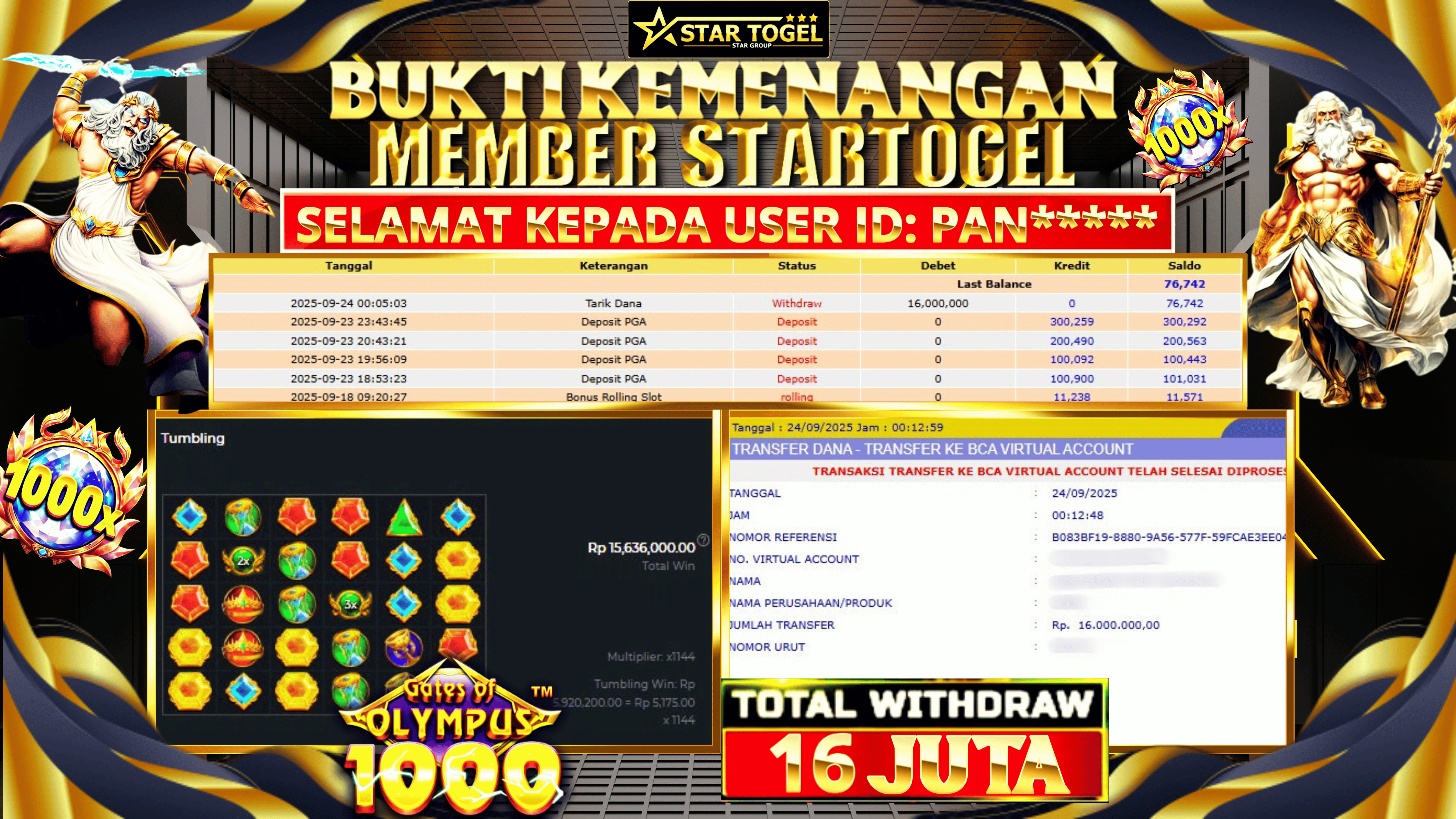 JACKPOT SLOT GATES OF OLYMPUS 1000 HINGGA 16 JUTA, 24 SEPTEMBER 2025