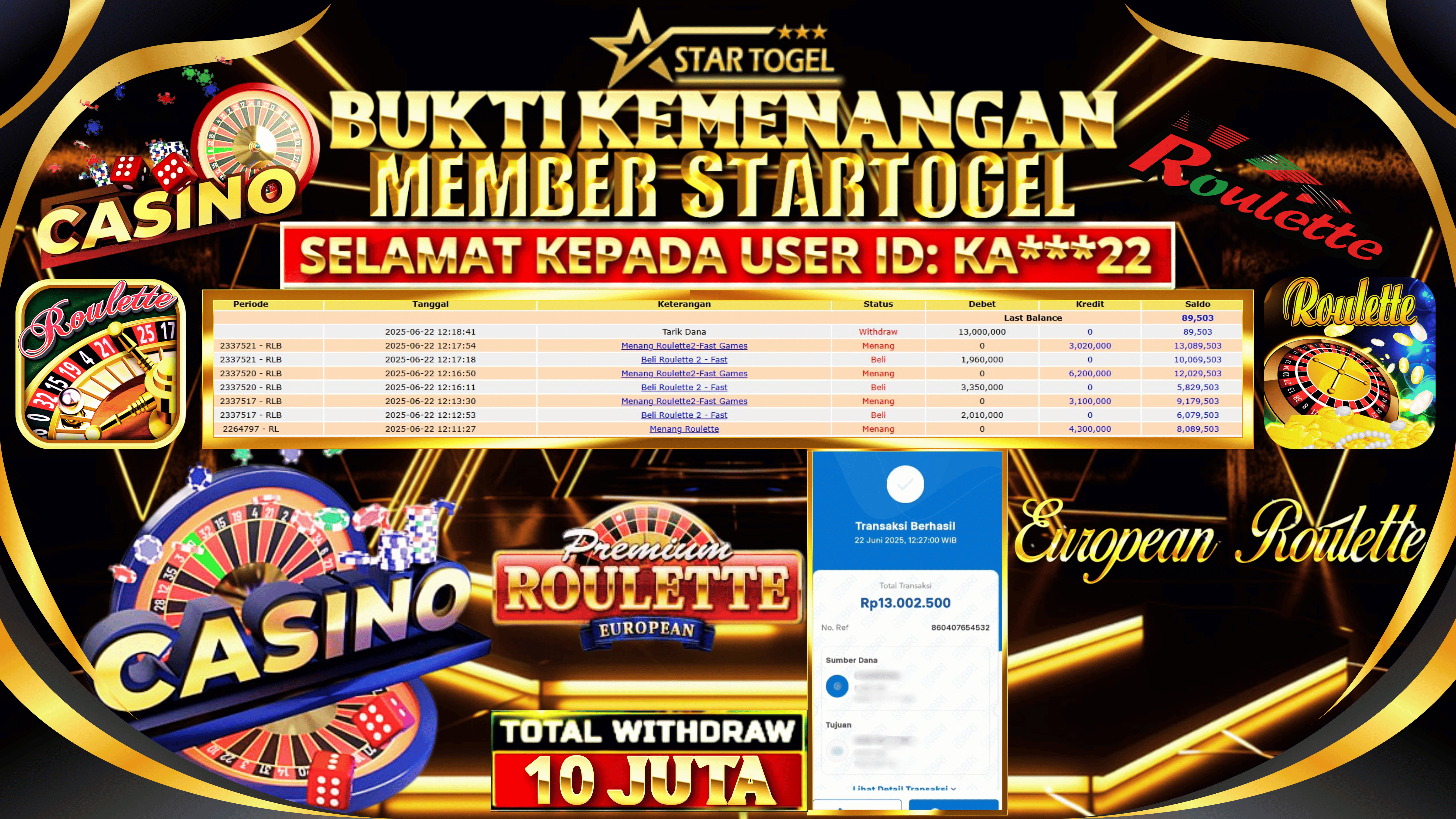 JACKPOT LIVE CASINO ROULETTE HINGGA 10 JUTA, 25 JUNI 2025