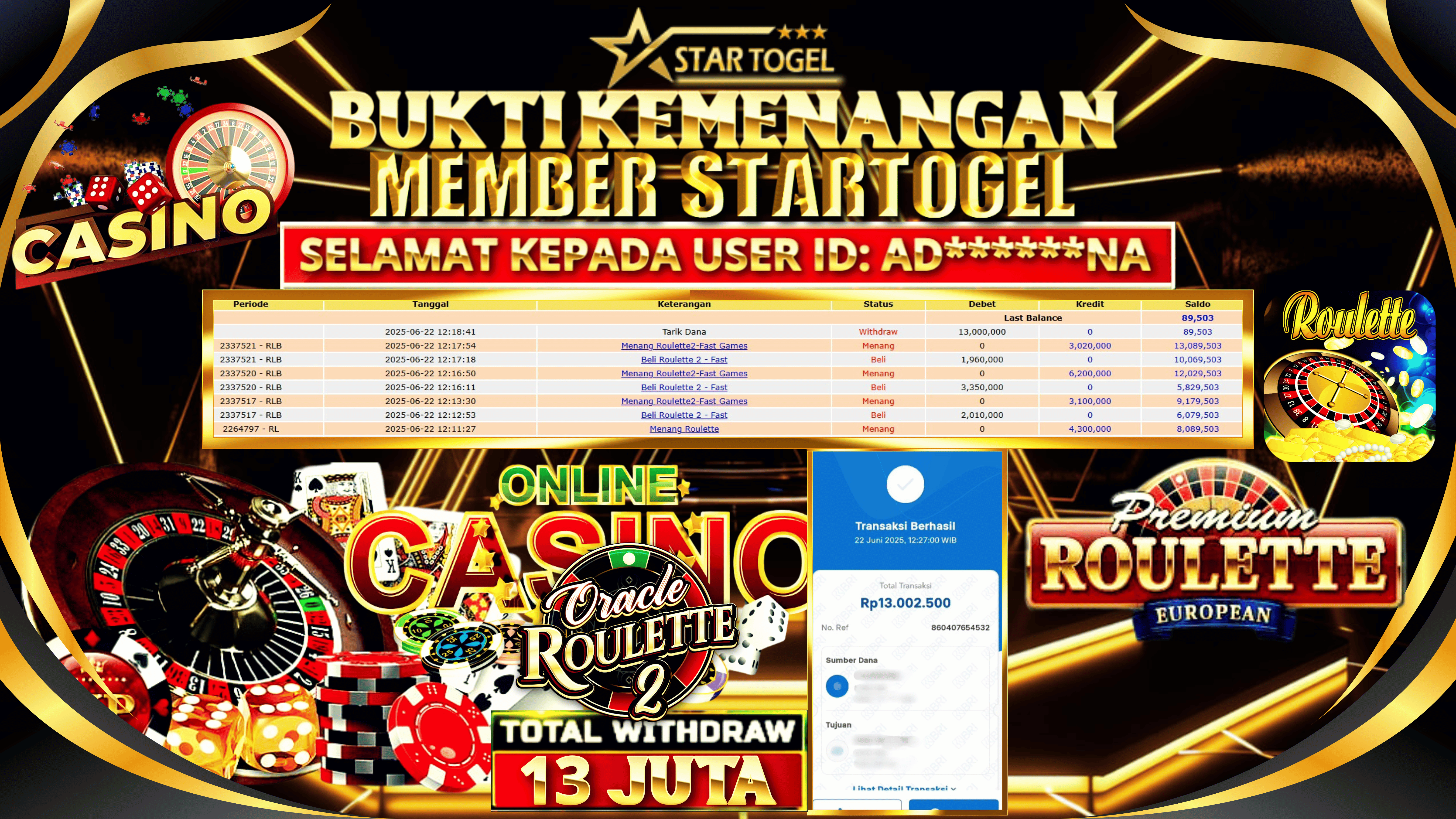 JACKPOT LIVE CASINO ROULETTE HINGGA 13 JUTA, 22 JUNI 2025