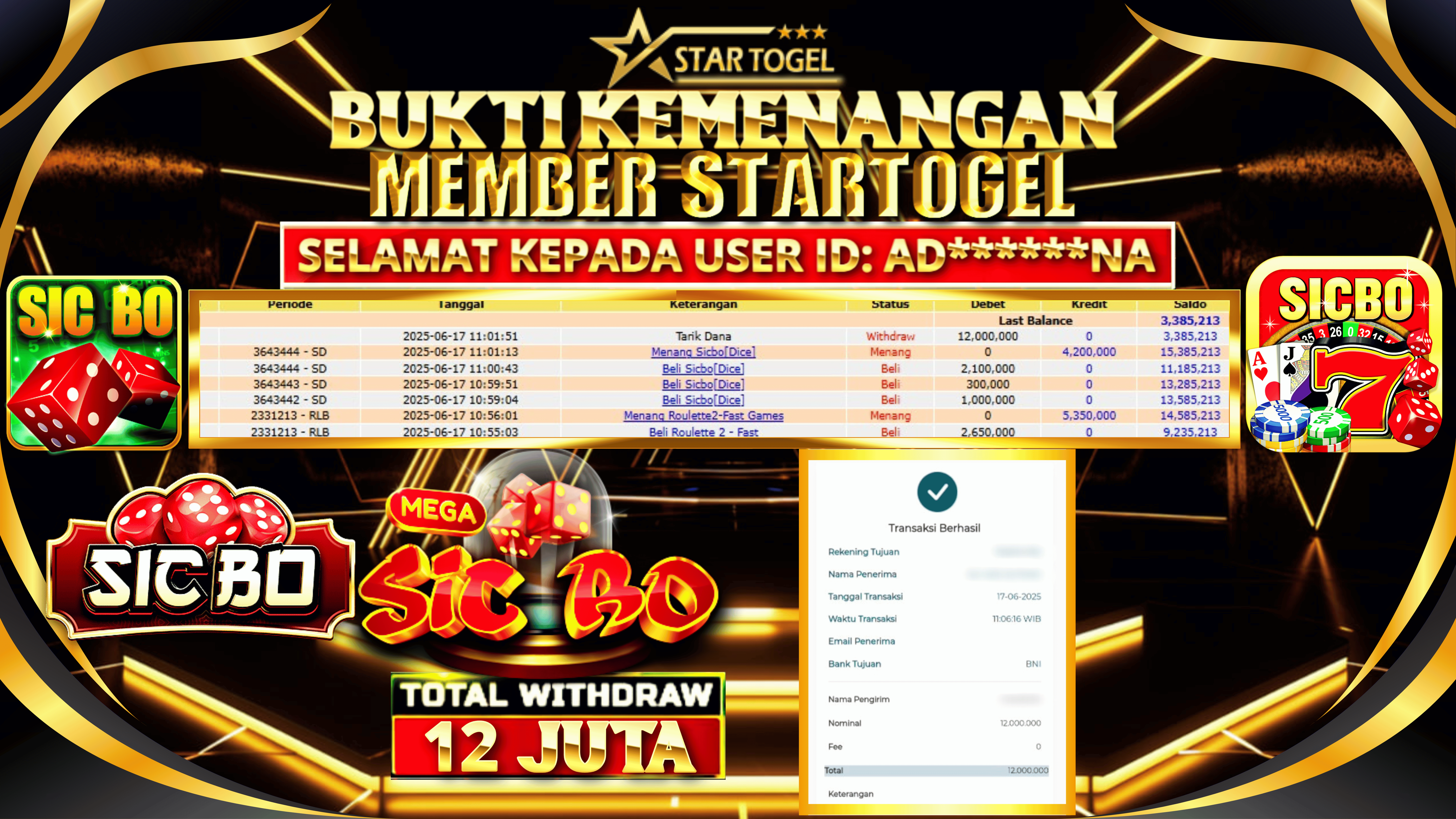 JACKPOT LIVE CASINO SICBO HINGGA 12 JUTA, 17 JUNI 2025