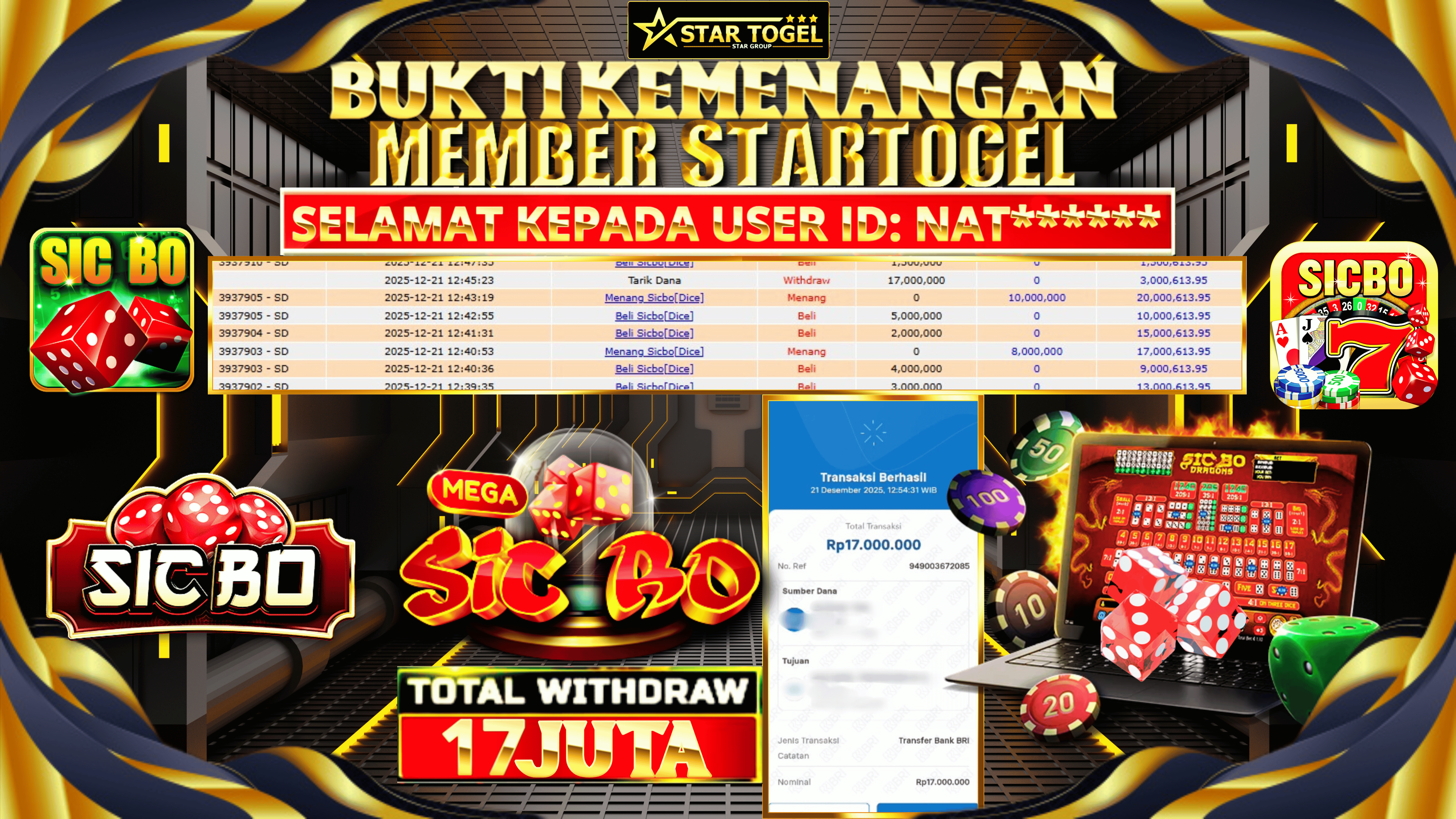 JACKPOT LIVE CASINO SICBO DICE HINGGA 17 JUTA, 21 DESEMBER 2025