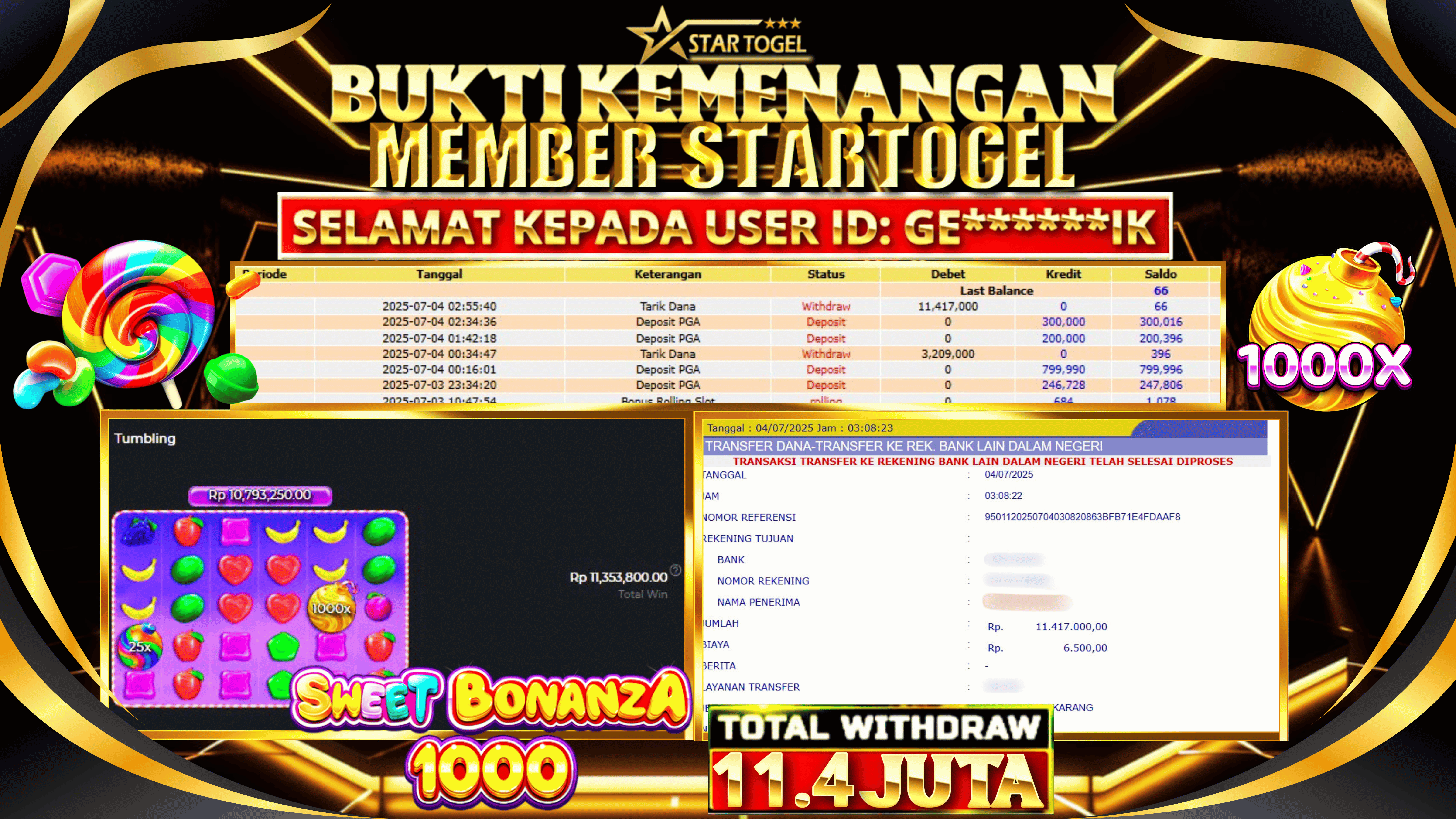 JACKPOT SLOT SWEET BONANZA 1000 HINGGA 11.4 JUTA, 04 JULI 2025