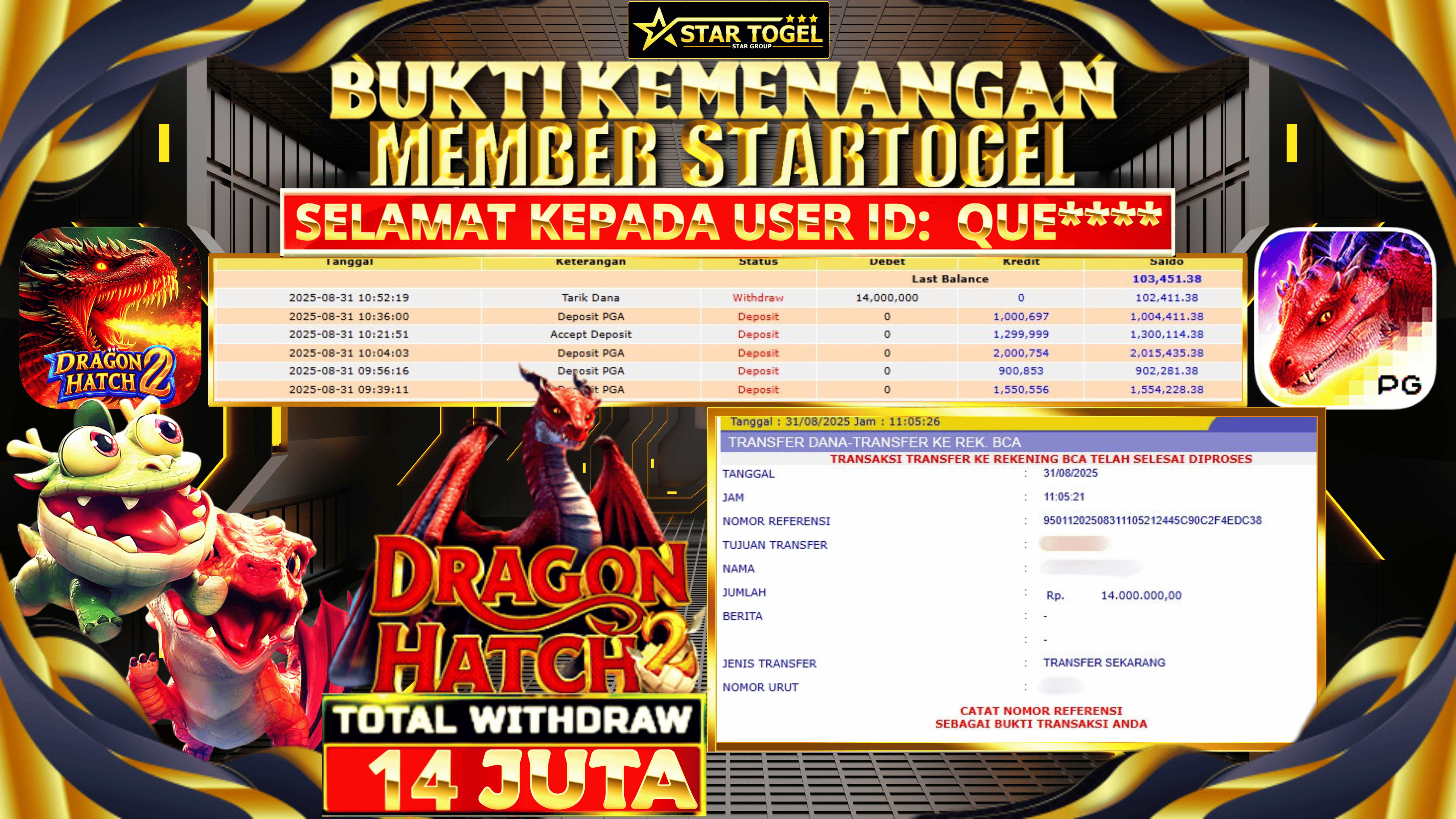 JACKPOT SLOT DRAGON HACTH 2 HINGGA 14 JUTA, 31 AGUSTUS 2025
