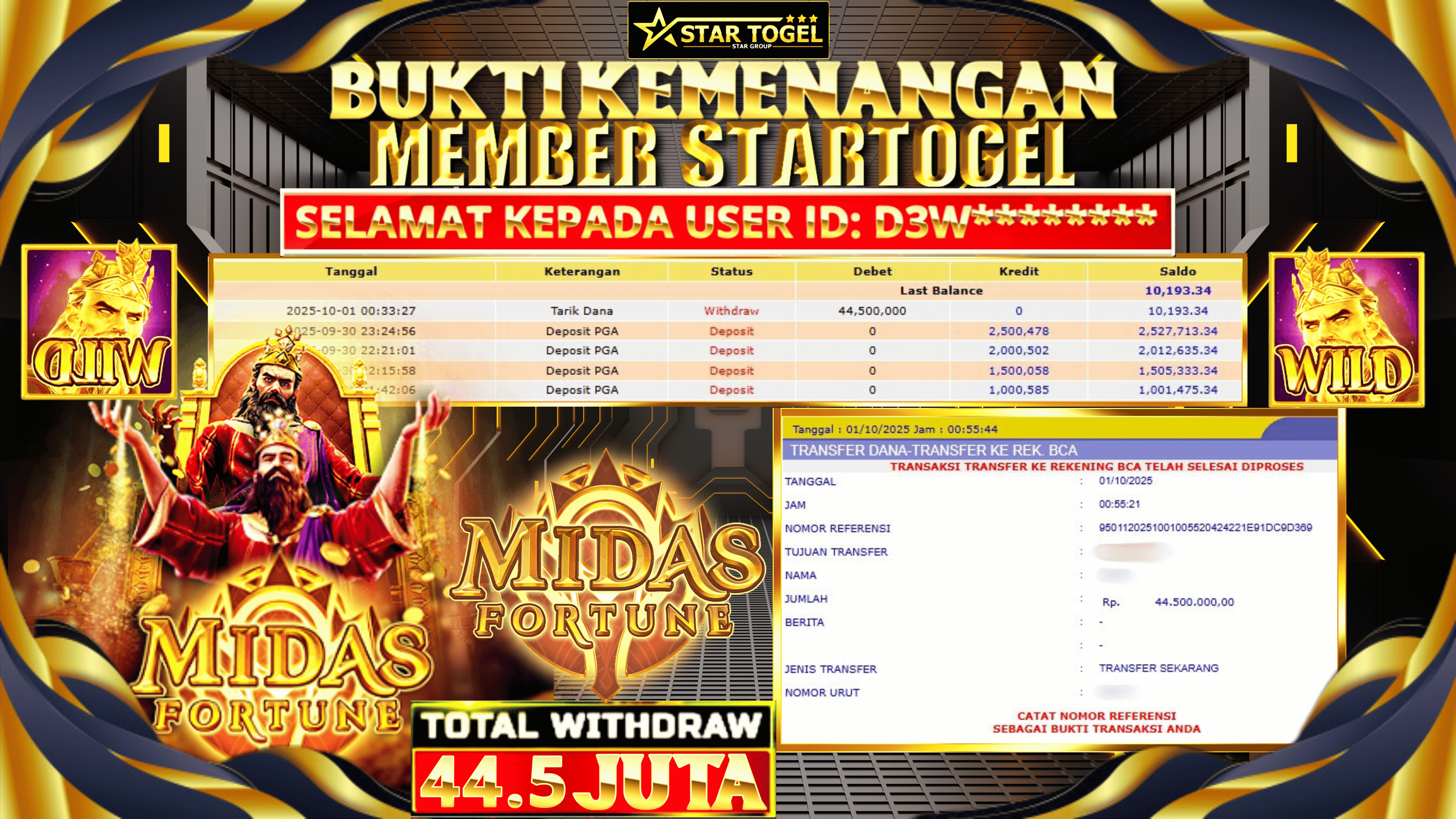 JACKPOT SLOT MIDAS FORTUNE HINGGA 44.5 JUTA, 01 OKTOBER 2025