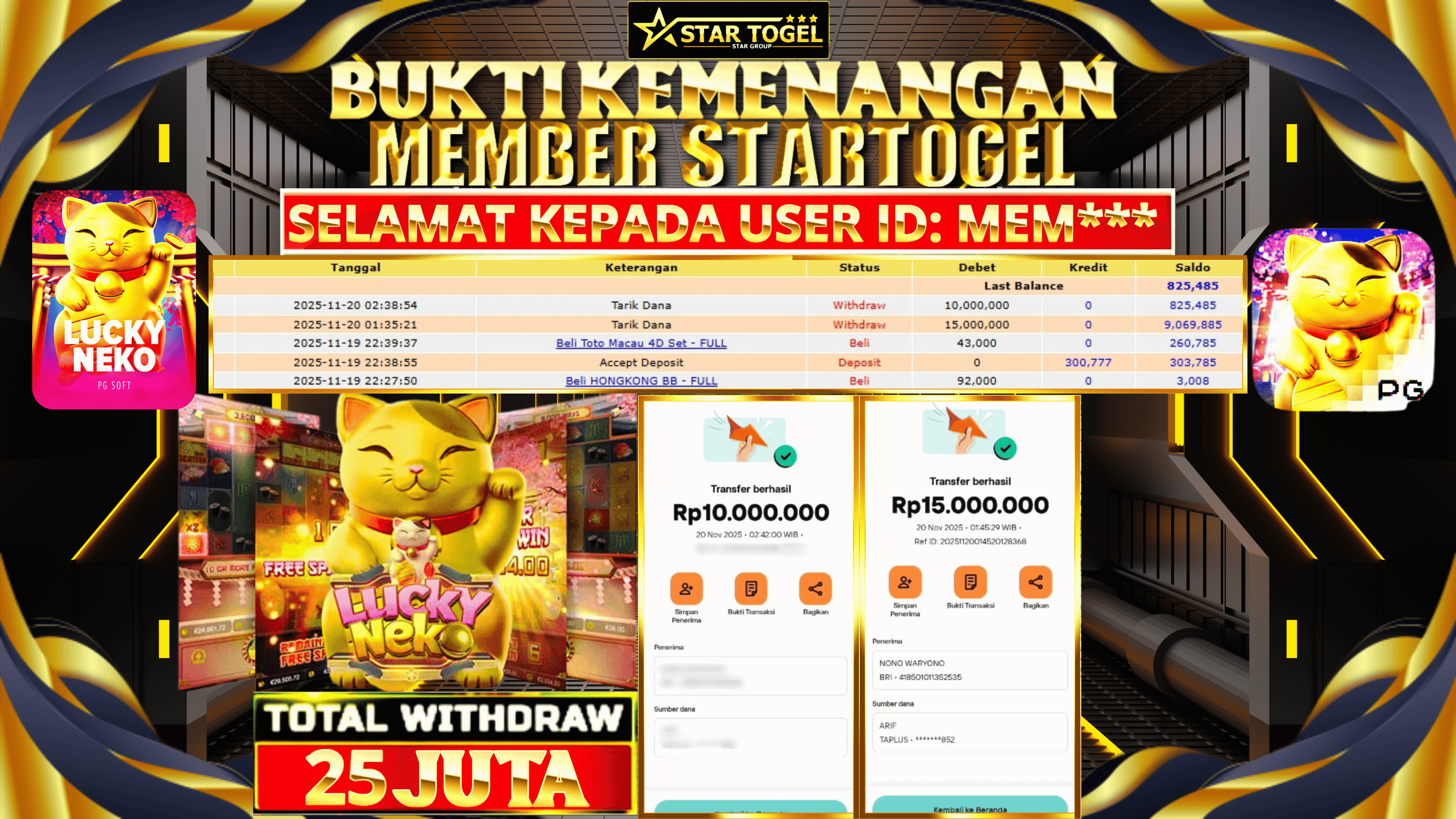 JACKPOT SLOT LUCKY NEKO HINGGA 15 JUTA,  20 NOVEMBER 2025