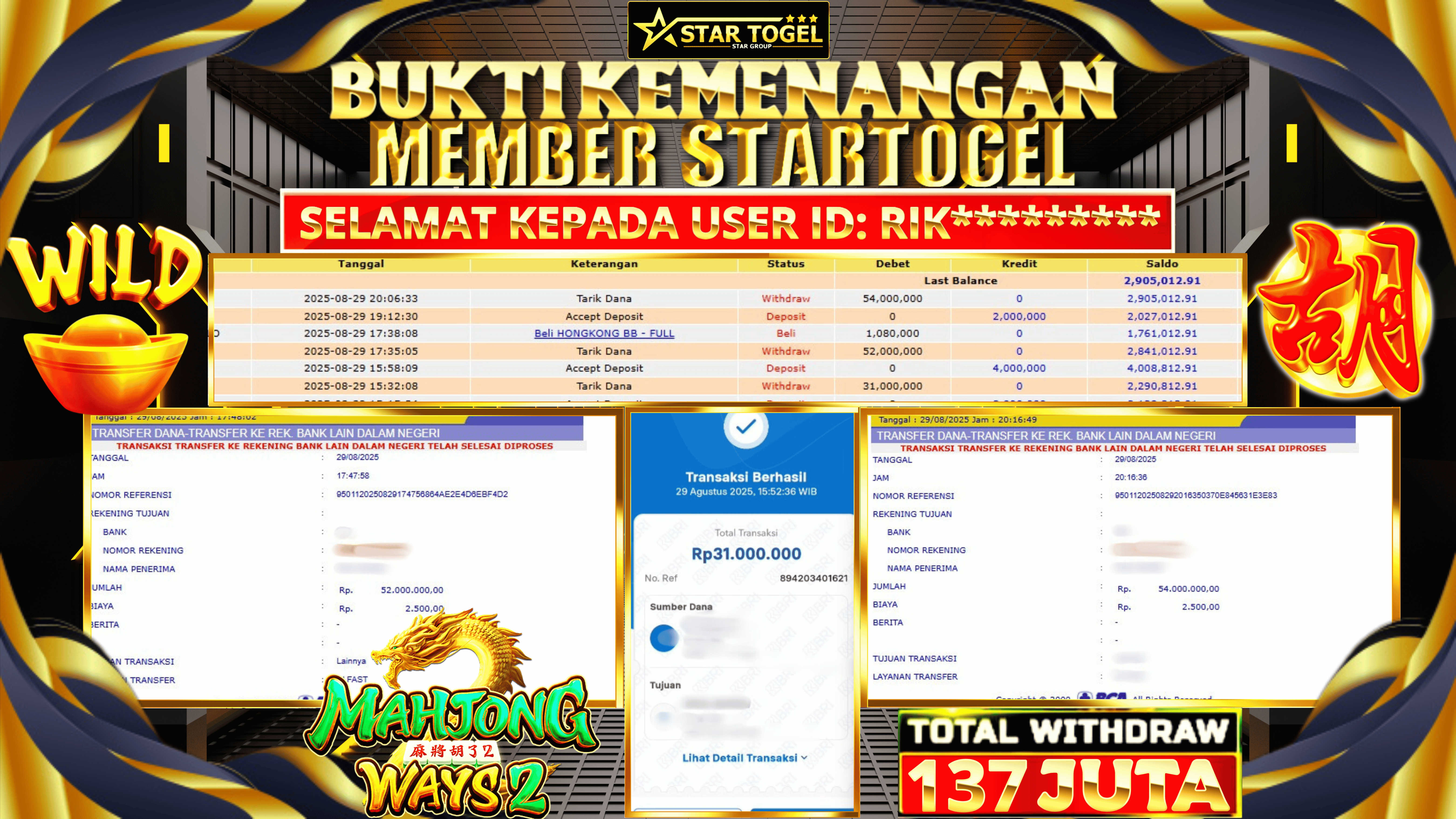 JACKPOT SLOT MAHJONG WAYS2 HINGGA 137 JUTA, 29 AGUSTUS 2025