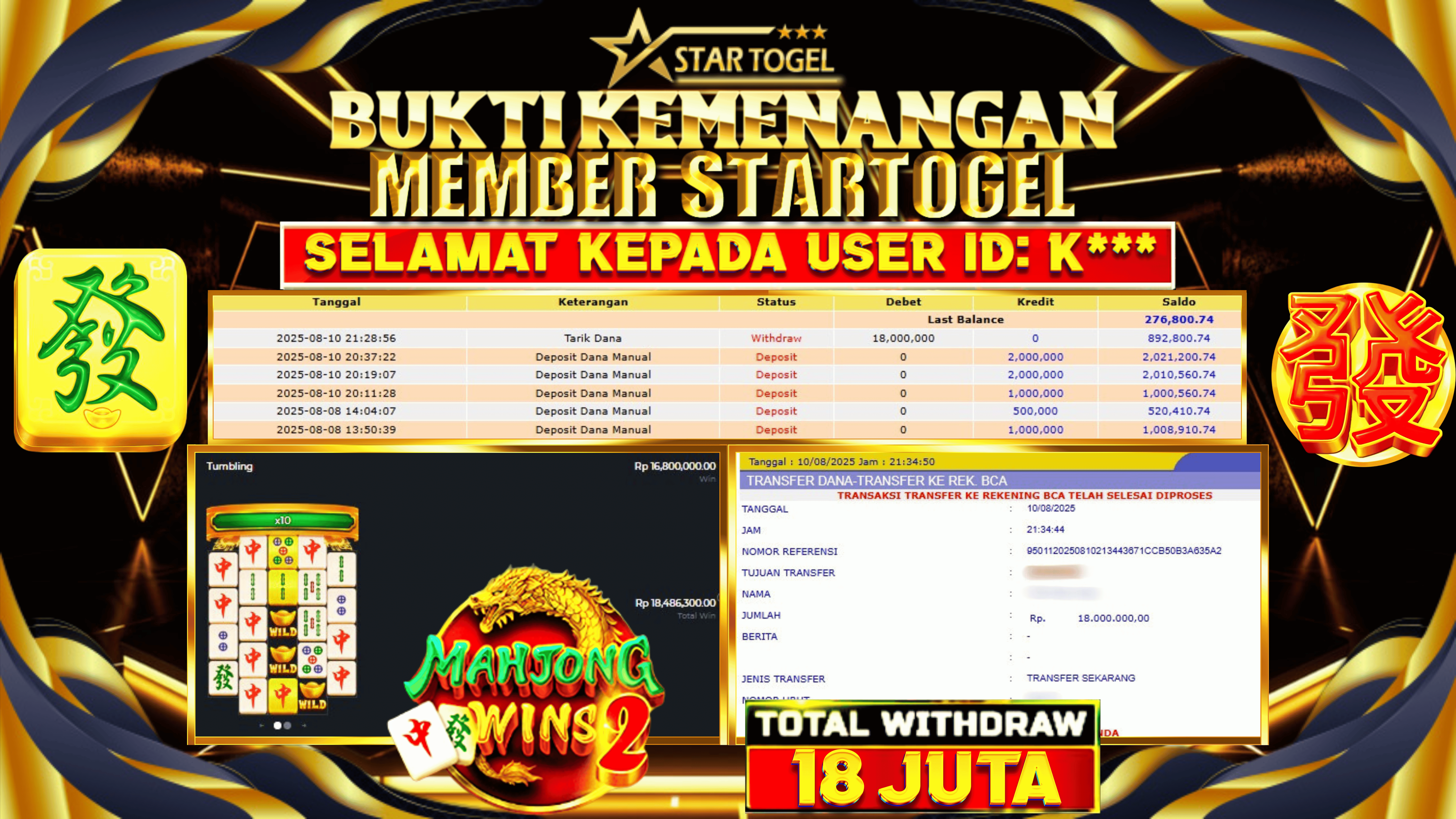 JACKPOT SLOT MAHJONG WINS 2 HINGGA 18 JUTA, 10 AGUSTUS 2025