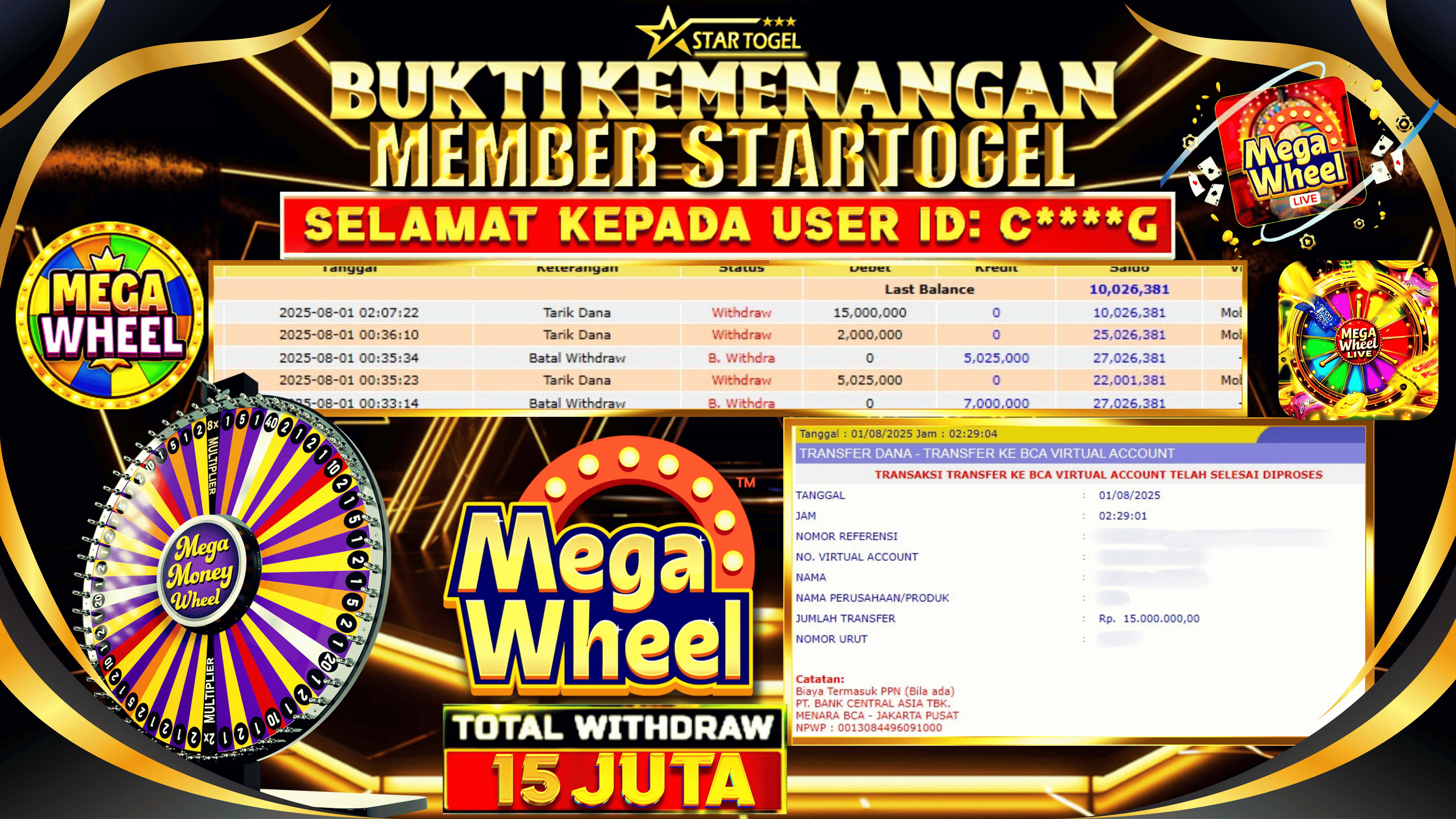 JACKPOT LIVE GAME MEGA WHEEL HINGGA 15 JUTA, 01 AGUSTUS 2025