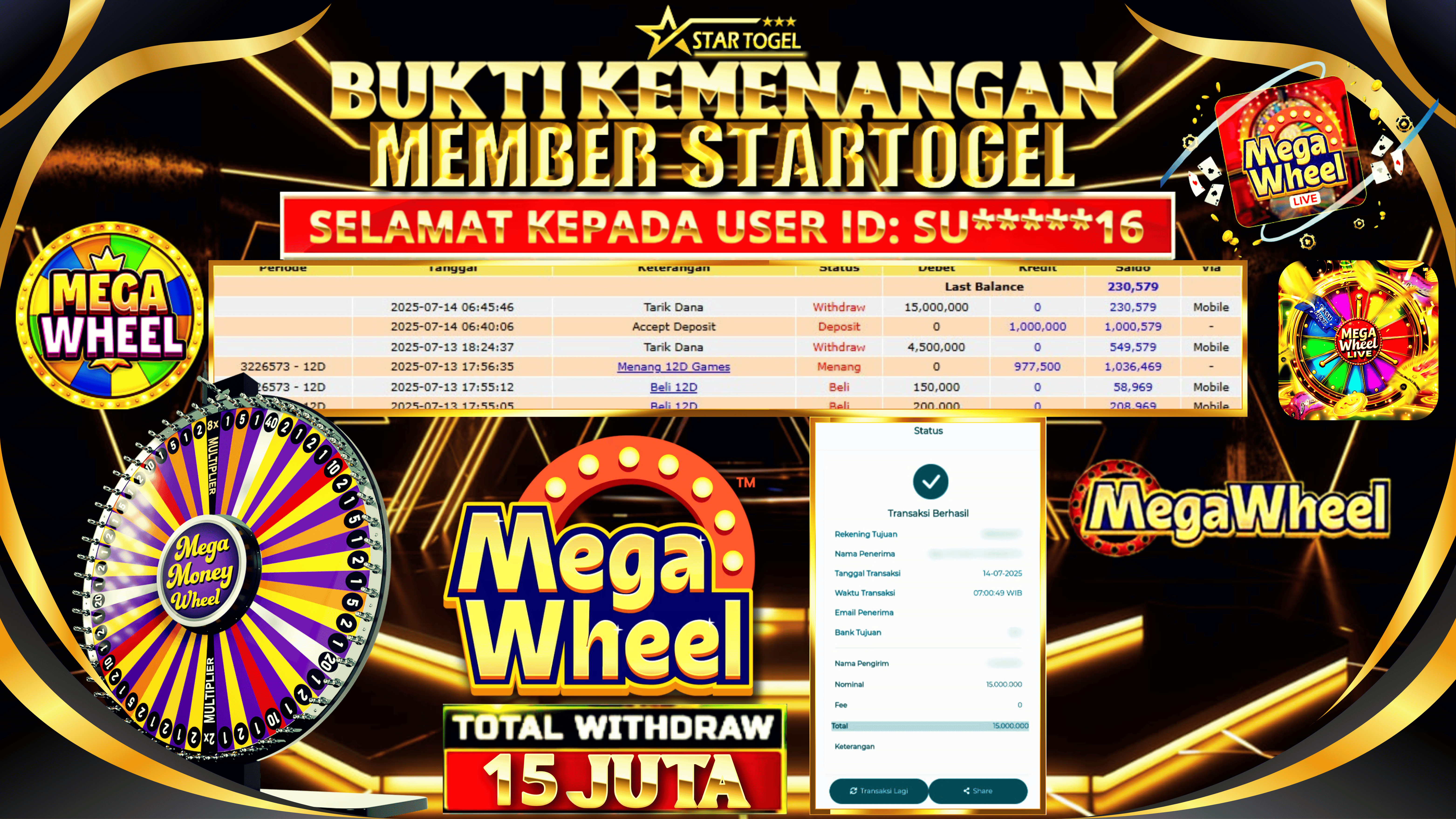 JACKPOT LIVE DEALER MEGA WHEEL HINGGA 15 JUTA, 14 JULI 2025