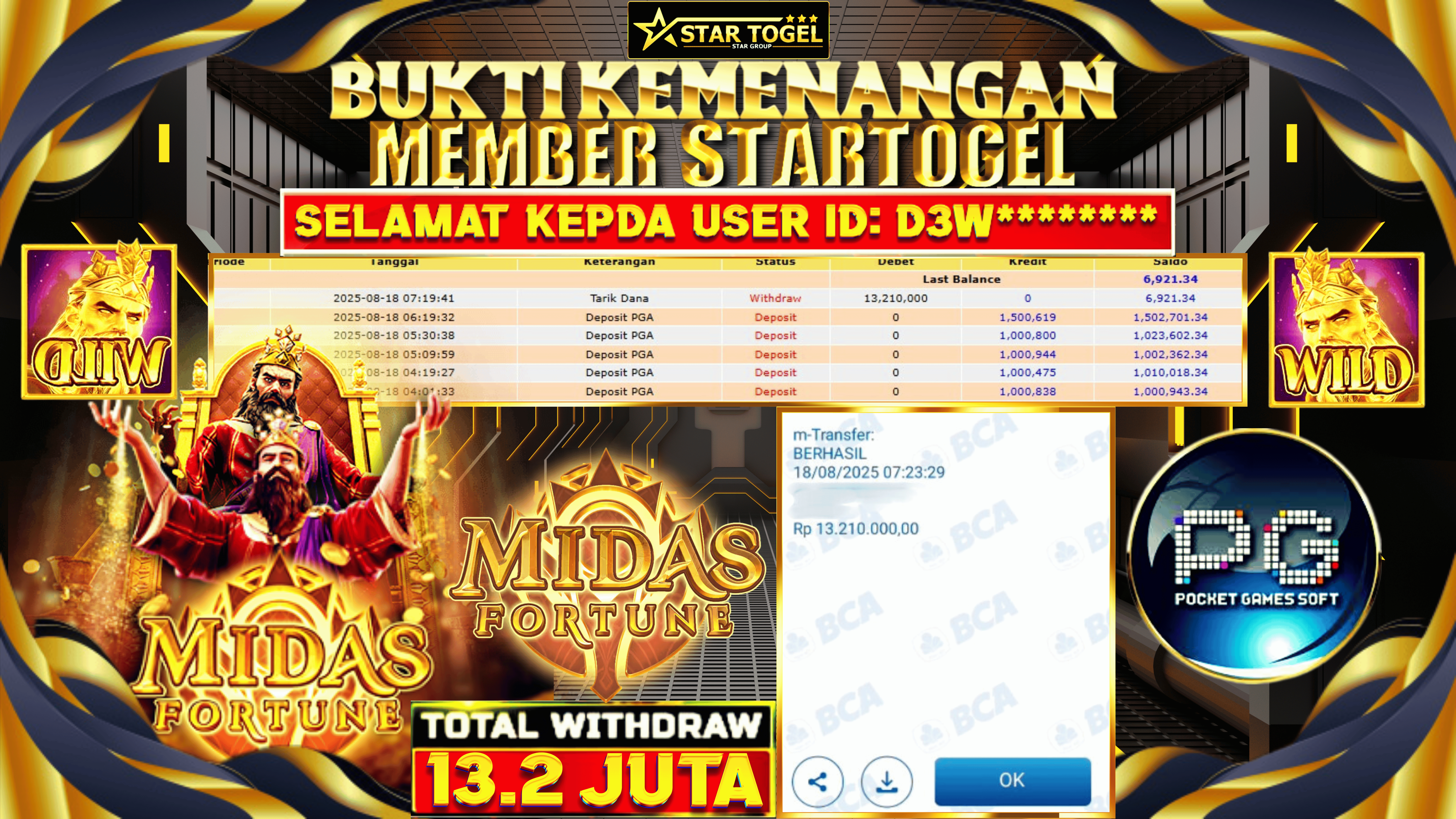 JACKPOT SLOT MIDAS FORTUNE HINGGA  13.2 JUTA, 18 AGUSTUS 2025