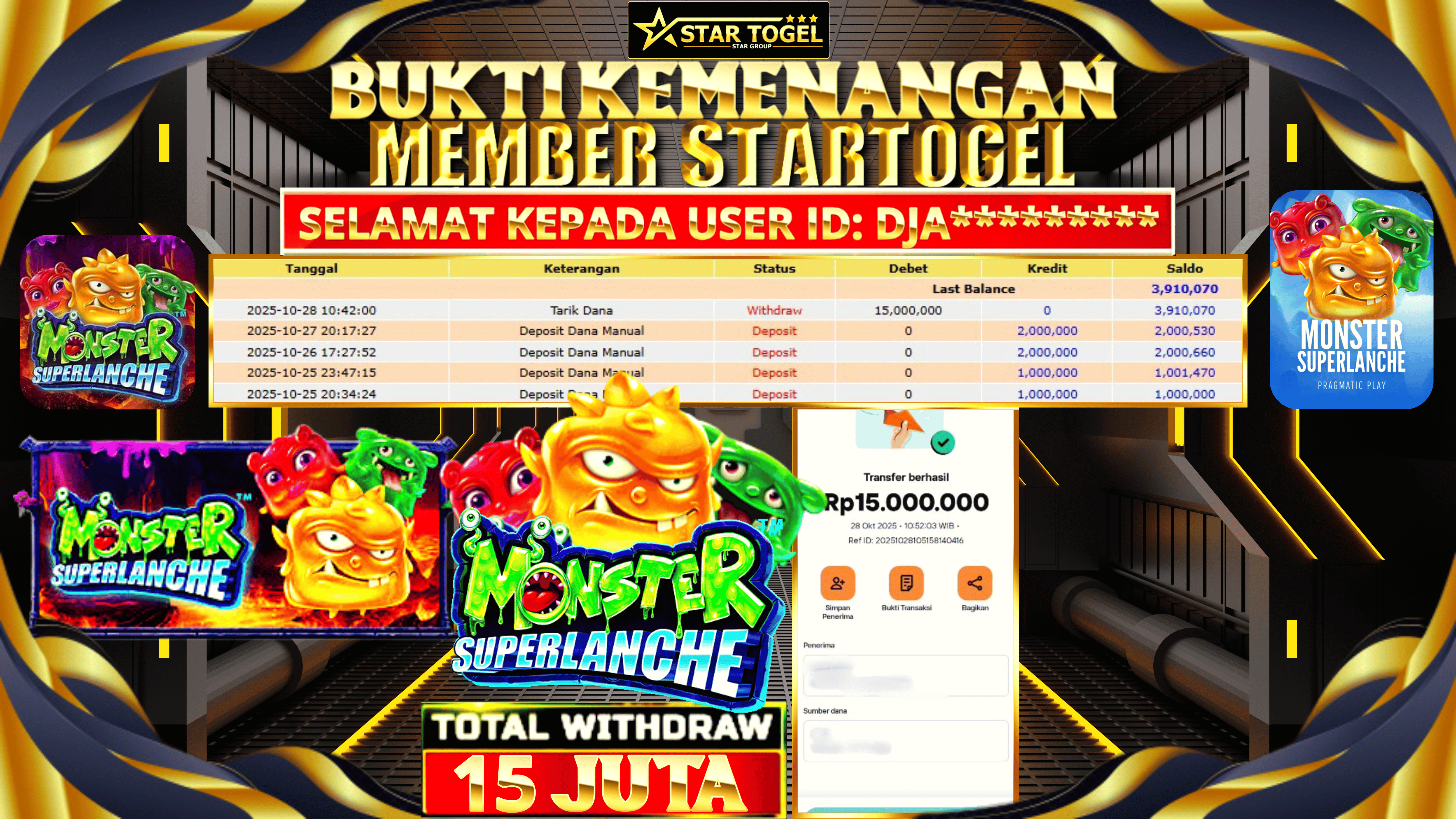 JACKPOT SLOT MONSTER SUPERLANCHE HINGGA 15 JUTA, 28 OKTOBER 2025