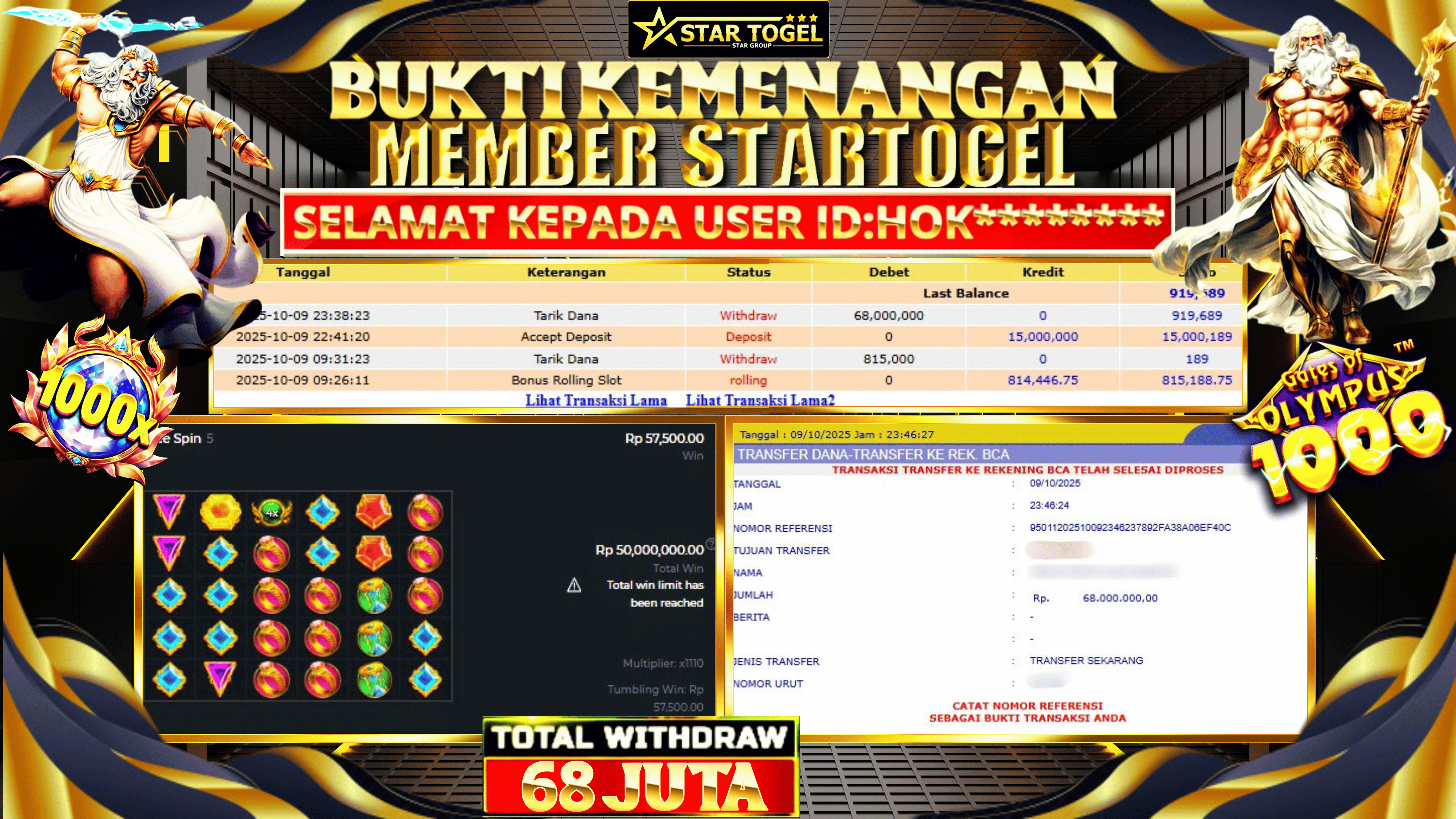 JACKPOT SLOT GATES OF OLYMPUS 1000 HINGGA 68 JUTA, 10 OKTOBER 2025